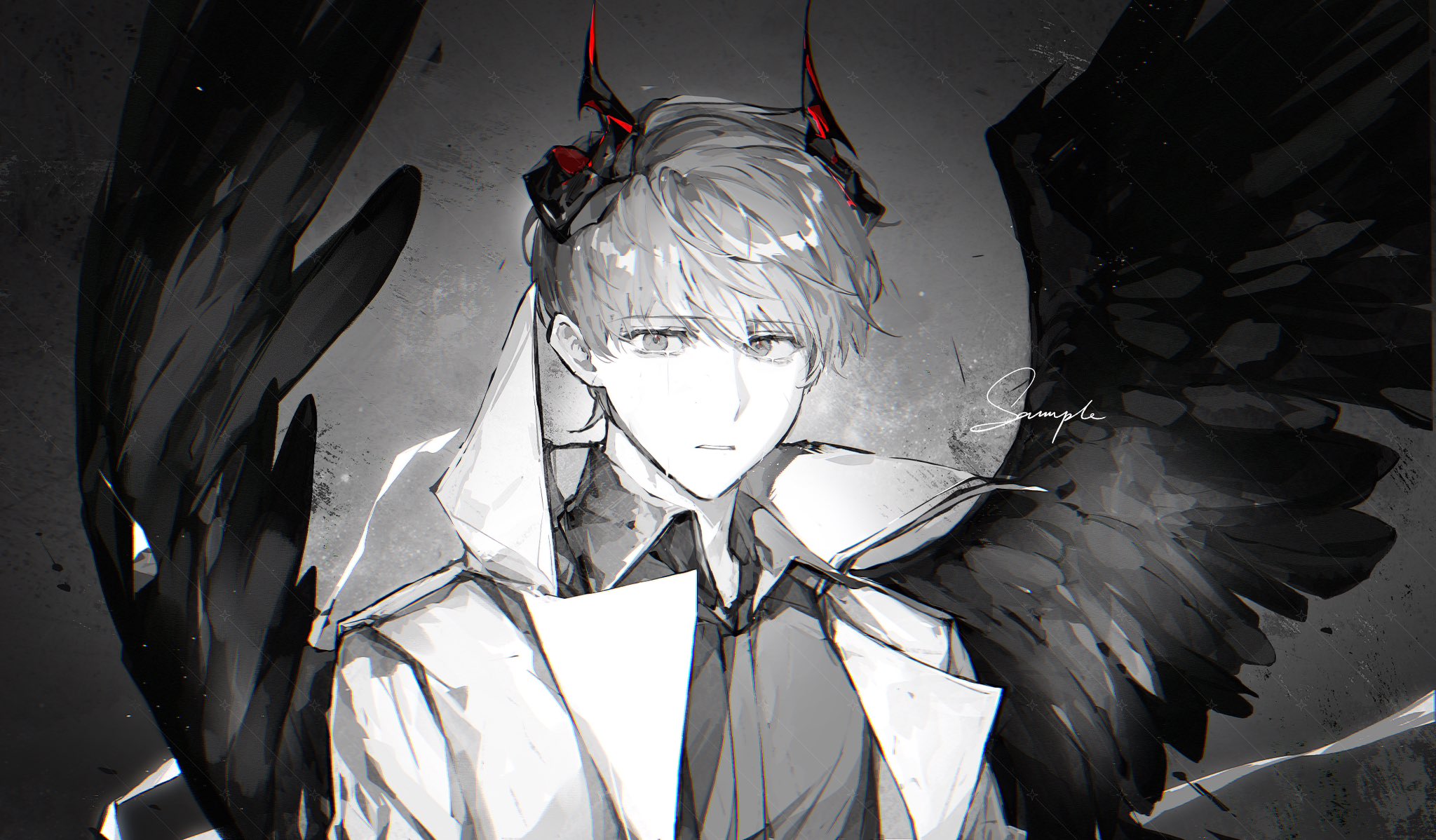 kim dokja, omniscient reader's viewpoint, highres, 1boy, black hair, black shirt, black wings, coat, collared shirt, crying, crying with eyes open, demon horns, feathered wings, horns, light particles, looking at viewer, male focus, open clothes, open coat, parted lips, popped collar, sad, shirt, short hair, solo, spot color, tears, twle, upper body, wings