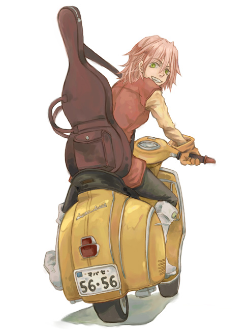 hrhr, haruhara haruko, flcl, vespa, vehicle, 00s, 1girl, boots, female focus, gloves, guitar, guitar case, instrument, instrument case, motor vehicle, pink hair, scooter, solo