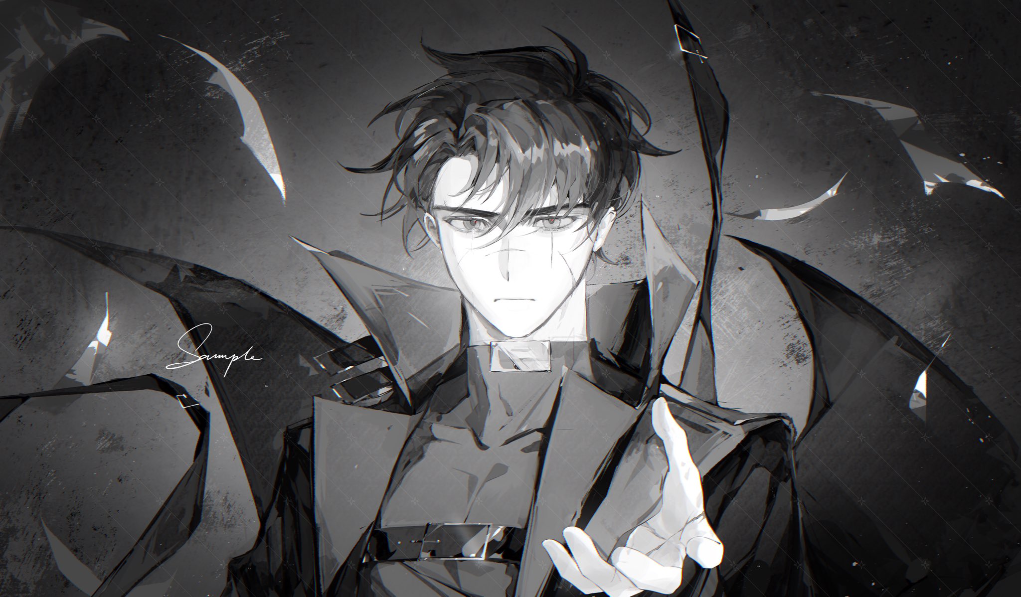 yoo joonghyuk, omniscient reader's viewpoint, highres, 1boy, black coat, black shirt, chest belt, coat, falling paper, greyscale, high collar, looking at viewer, male focus, monochrome, multiple scars, offering hand, open clothes, open coat, outstretched hand, popped collar, scar, scar across eye, scar on face, scar on hand, serious, shirt, solo, twle, upper body