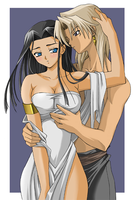 ishizu ishtar, marik ishtar, yu-gi-oh!, yu-gi-oh! duel monsters, arm grab, hand on head, 1boy, 1girl, ancient egyptian, armlet, bare shoulders, black hair, blonde hair, blue eyes, blush, border, breasts, brother and sister, brown eyes, cleavage, cowboy shot, dark-skinned female, dark-skinned male, dark skin, dress, earrings, eye contact, grabbing another's breast, groping, hetero, hug, incest, jewelry, long hair, looking at another, outside border, purple background, siblings, side slit, simple background, standing, strapless, topless male, white border, white dress