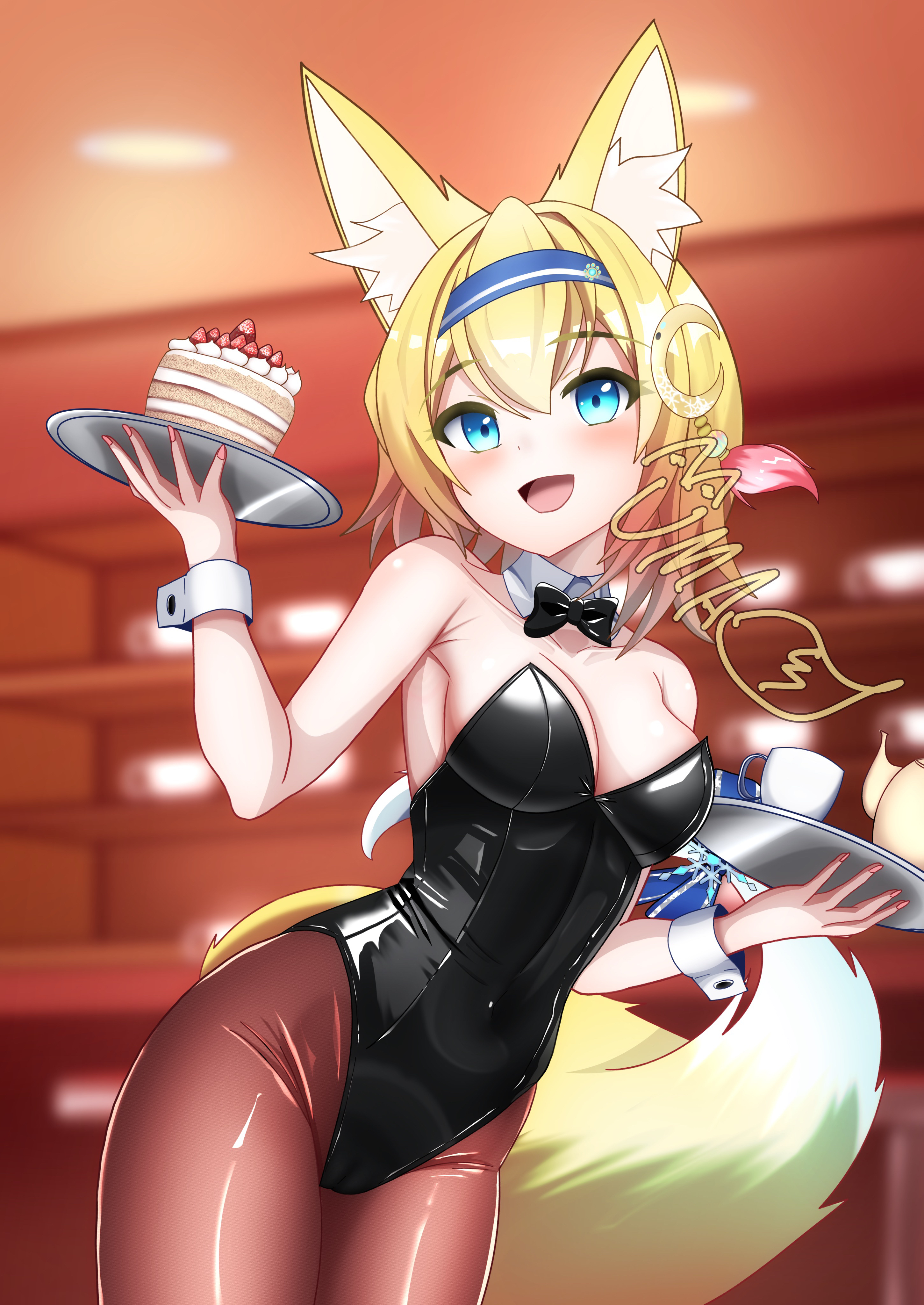 uma (uma mohumohu), original, absurdres, commission, highres, skeb commission, 1girl, animal ear hairband, animal ears, black bow, black bowtie, black leotard, black pantyhose, blonde hair, blue eyes, blue hairband, bow, bowtie, breasts, cake, detached collar, fake animal ears, food, fox ears, fox girl, fox tail, hairband, leotard, medium breasts, nontraditional playboy bunny, pantyhose, short hair, smile, solo, strapless, strapless leotard, tail, wrist cuffs