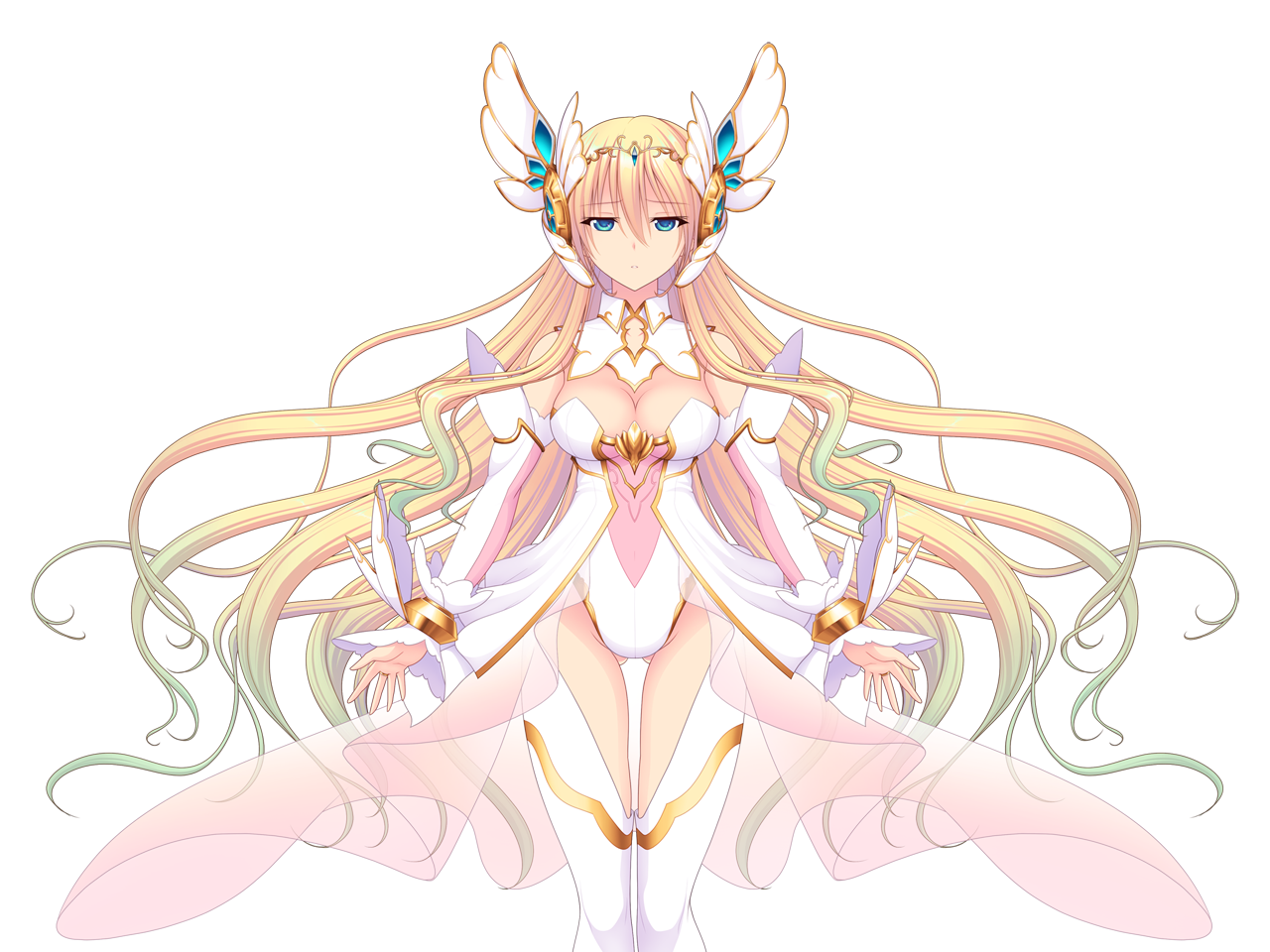 saitou natsuki, suhamaya, en ciel rena, en ciel rena (laelith), tomoe rena, kourin tenshi en ciel rena, game cg, large variant set, non-web source, official art, variant set, 1girl, bare shoulders, blonde hair, blue eyes, breasts, cleavage, detached collar, detached sleeves, dress, expressionless, gradient hair, green hair, hair ornament, large breasts, leotard, long hair, looking at viewer, magical girl, multicolored hair, see-through clothes, solo, standing, thighhighs, transparent background, very long hair, white thighhighs