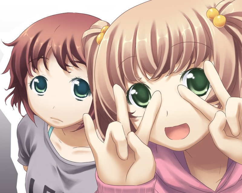 kamifish, ibarazaki emi, tezuka rin, katawa shoujo, 10s, 2girls, amputee, armless amputee, brown hair, double amputee, double v, green eyes, hair bobbles, hair ornament, multiple girls, v