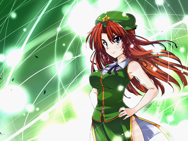 kiku hitomoji, tora tooru, toru tooru, ex-meiling, hong meiling, embodiment of scarlet devil, touhou, 1girl, bare arms, bare shoulders, braid, breasts, china dress, chinese clothes, dress, female focus, hands on own hips, hat, large breasts, long hair, purple eyes, red hair, sleeveless, solo, twin braids