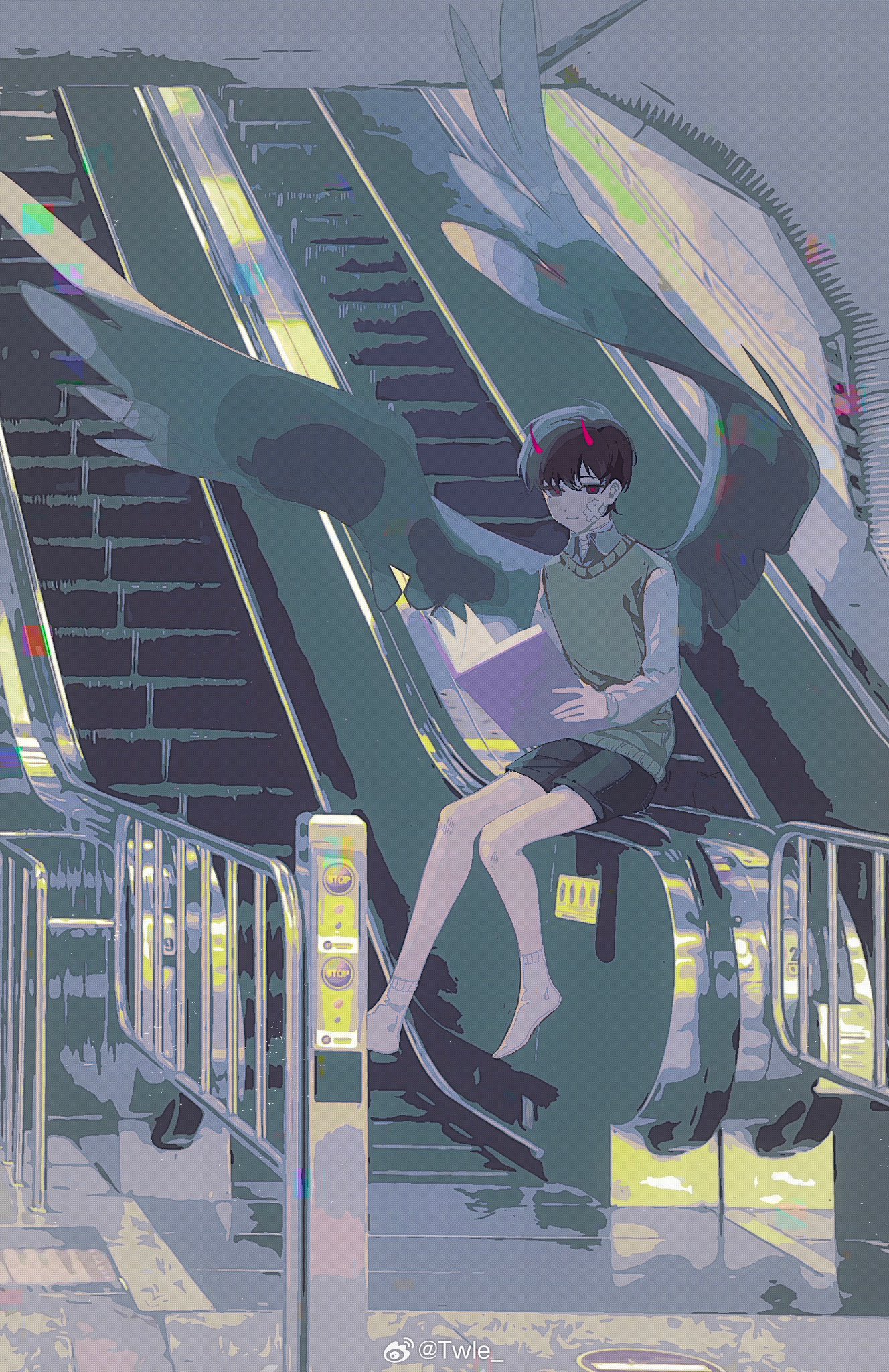 kim dokja, oldest dream, omniscient reader's viewpoint, highres, 1boy, bandage on face, bandages, black eyes, black hair, black shorts, book, demon horns, escalator, feathered wings, full body, holding, holding book, horns, kicking, long sleeves, looking at viewer, male focus, railing, red pupils, shirt, short hair, shorts, sitting, socks, solo, twle, vest, white shirt, white socks, white wings, wings, yellow vest