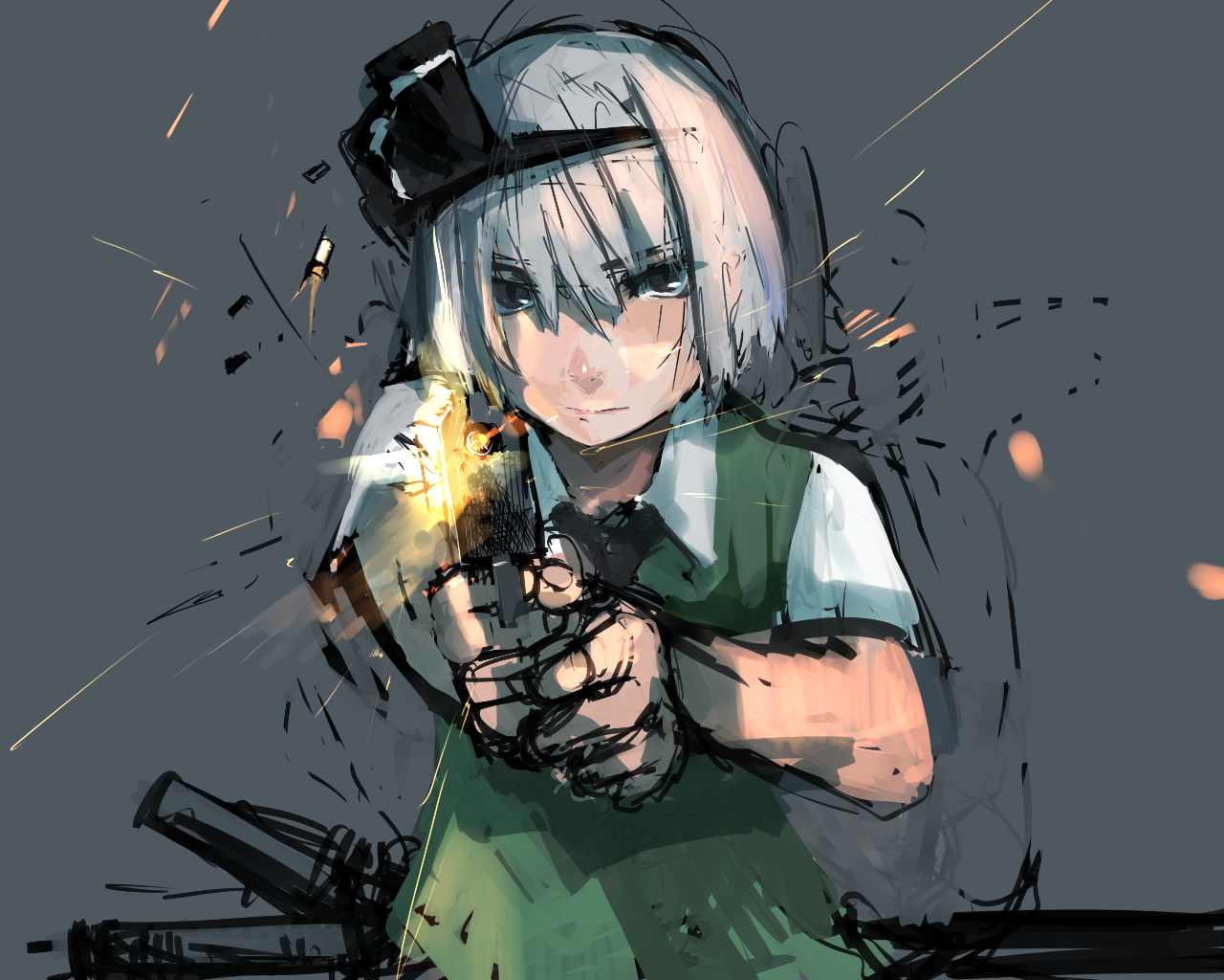 un-known (ninesix), konpaku youmu, touhou, silver hair, bad id, bad pixiv id, 1girl, aiming, aiming at viewer, casing ejection, female focus, firing, gun, hairband, handgun, holding, holding gun, holding weapon, pistol, shell casing, short hair, solo, weapon