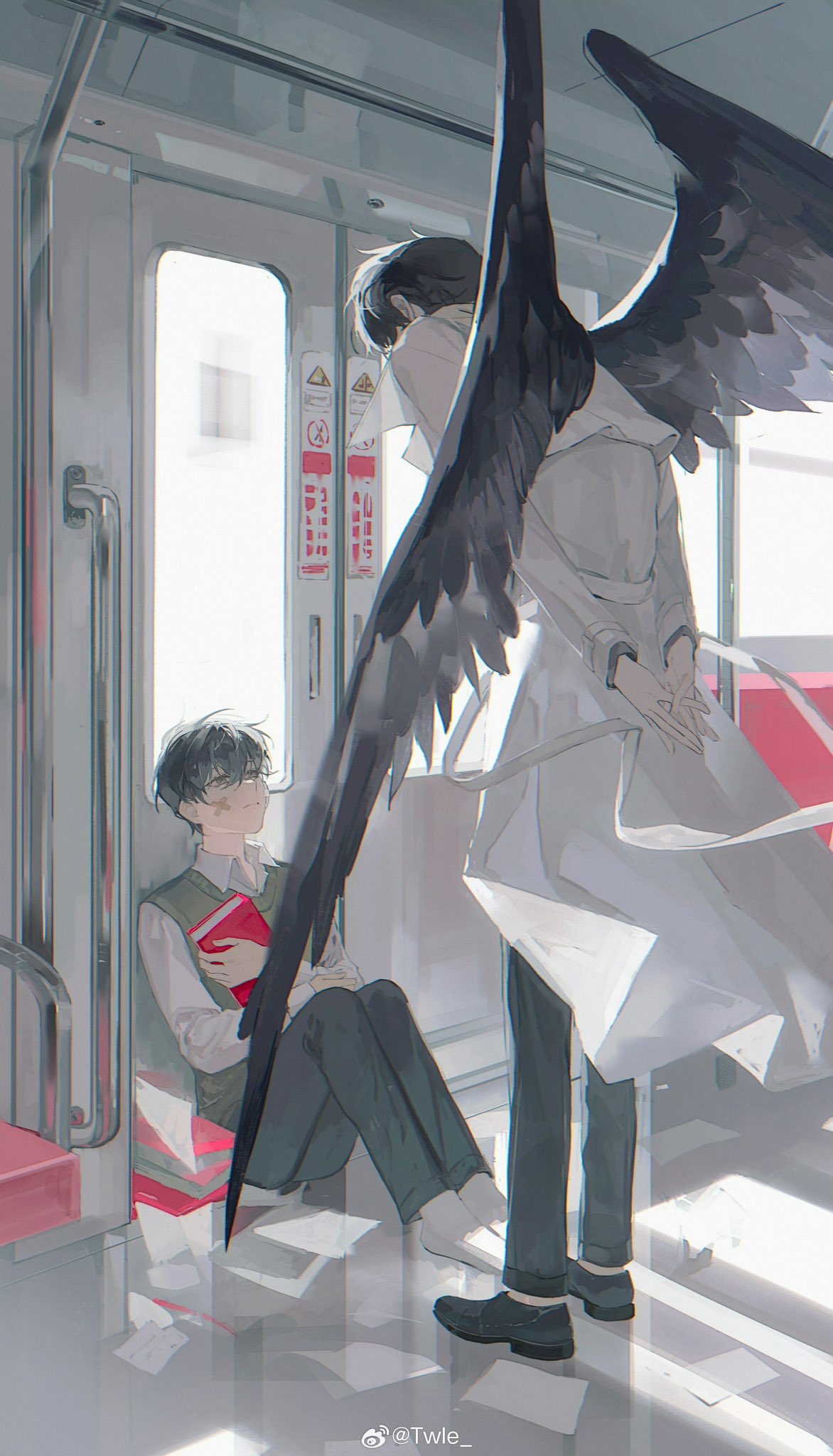 kim dokja, oldest dream, omniscient reader's viewpoint, highres, 2boys, arms behind back, bandage on face, bandages, black hair, black wings, book, book stack, coat, dual persona, exhausted, feathered wings, hugging object, knees up, looking at another, male focus, multiple boys, open clothes, open coat, paper, popped collar, short hair, sitting, train interior, twle, white coat, window light, wings
