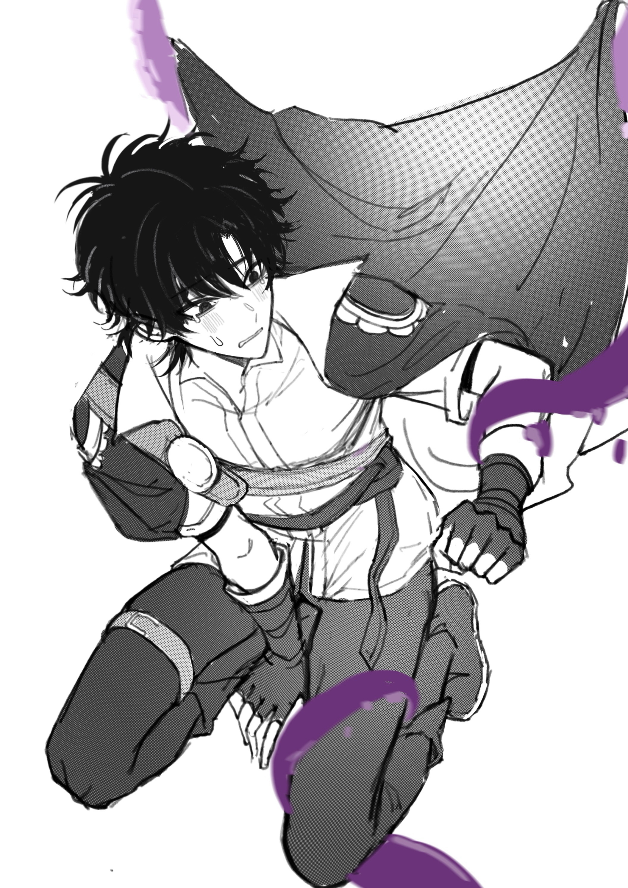 qianmo saya, cheng xiaoshi, shiguang dailiren, absurdres, highres, 1boy, alternate costume, antenna hair, belt, black hair, blush, boots, cape, chest belt, clenched teeth, collared shirt, crying, crying with eyes open, fingerless gloves, gloves, greyscale, kneeling, male focus, monochrome, pants, parted lips, sash, shirt, short hair, simple background, solo, spot color, sweat, sweatdrop, tears, teeth, tentacles, tentacles on male, thigh belt, thigh strap, white background