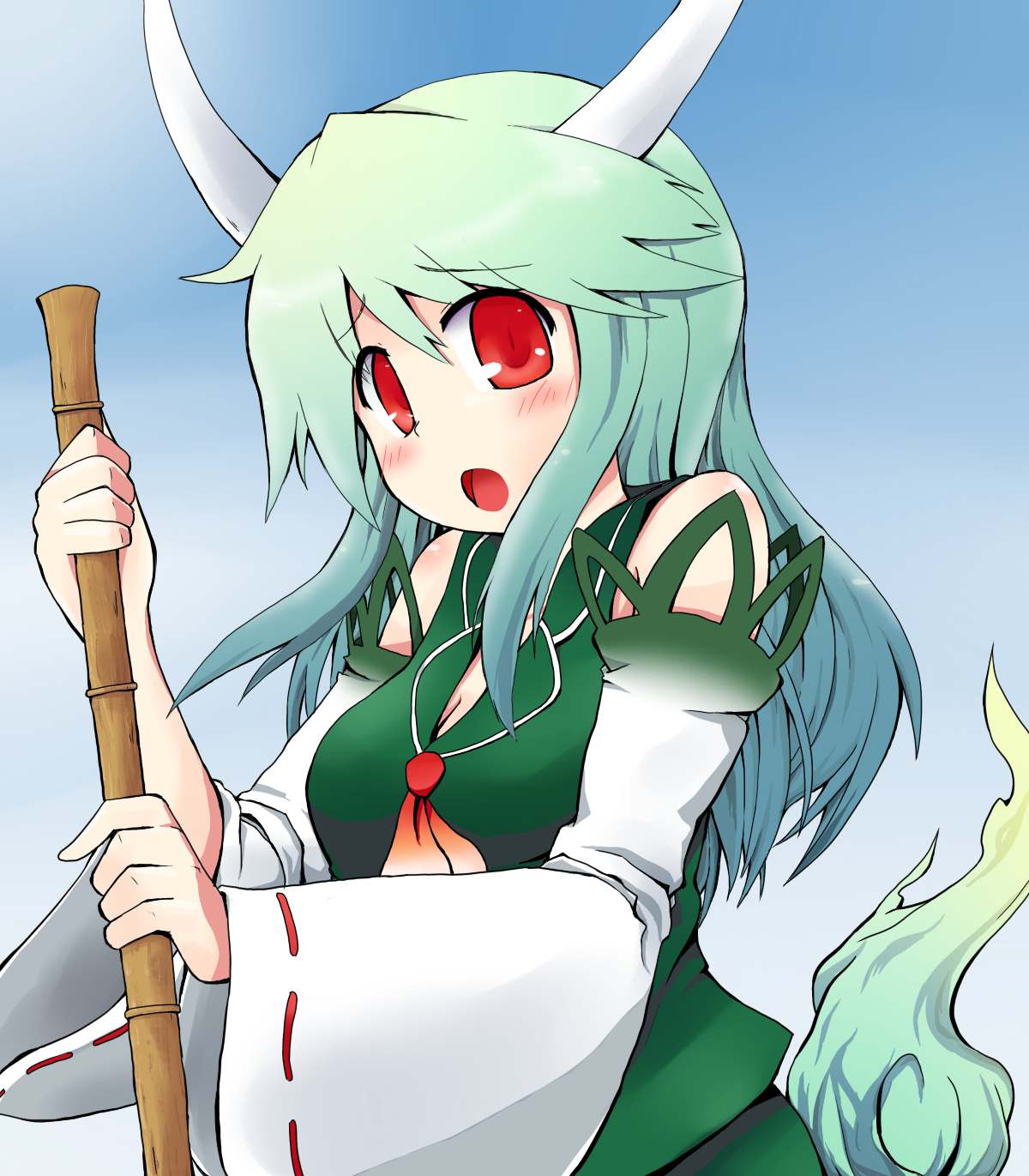 kari (karinimooreha), ex-keine, kamishirasawa keine, touhou, highres, 1girl, adapted costume, blouse, broom, detached sleeves, female focus, gradient background, green hair, green shirt, horns, long hair, red eyes, shirt, sleeveless, sleeveless shirt, solo, tail, upper body