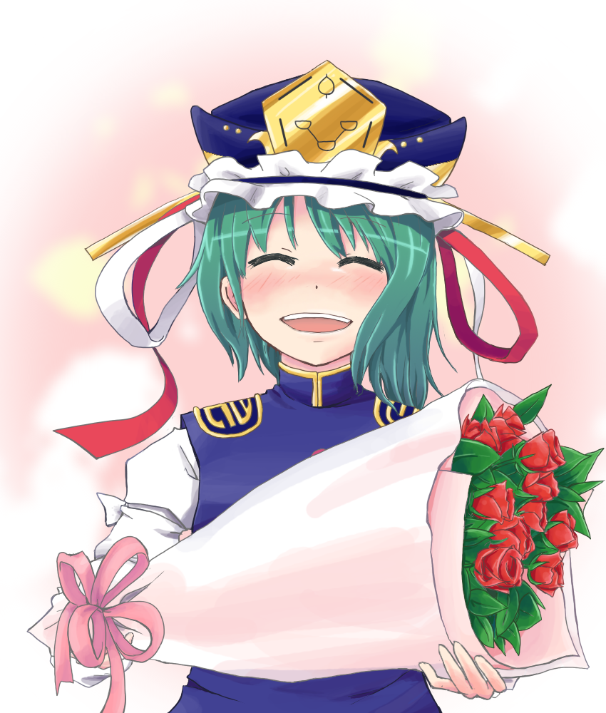 kari (karinimooreha), shiki eiki, touhou, 1girl, blush, bouquet, closed eyes, female focus, flower, gradient background, green hair, hat, short hair, solo