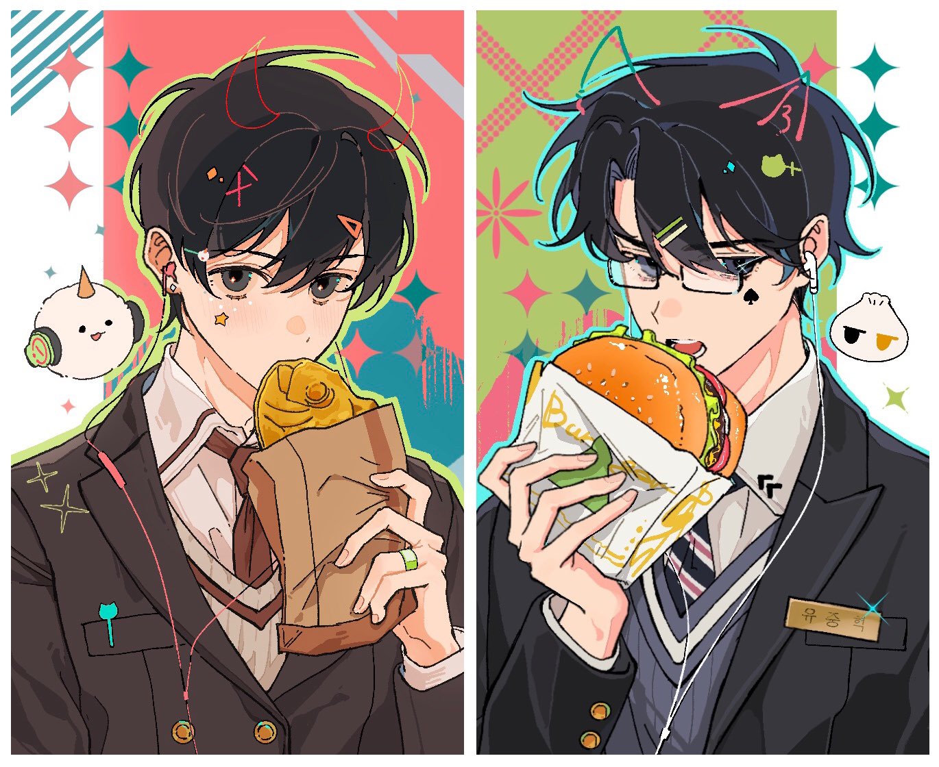 biyoo (omniscient reader's viewpoint), kim dokja, yoo joonghyuk, omniscient reader's viewpoint, 2boys, animal ears, black coat, black hair, blue vest, burger, cat ears, character name, coat, collared shirt, demon horns, double-parted bangs, drawn ears, drawn horns, eating, facial mark, fish, food, foodification, glasses, hair between eyes, horns, imminent bite, korean text, looking at viewer, male focus, multiple boys, name tag, necktie, red necktie, shirt, short hair, spade (shape), spade facial mark, star (symbol), star facial mark, striped necktie, twle, upper body, vest, white shirt, white vest