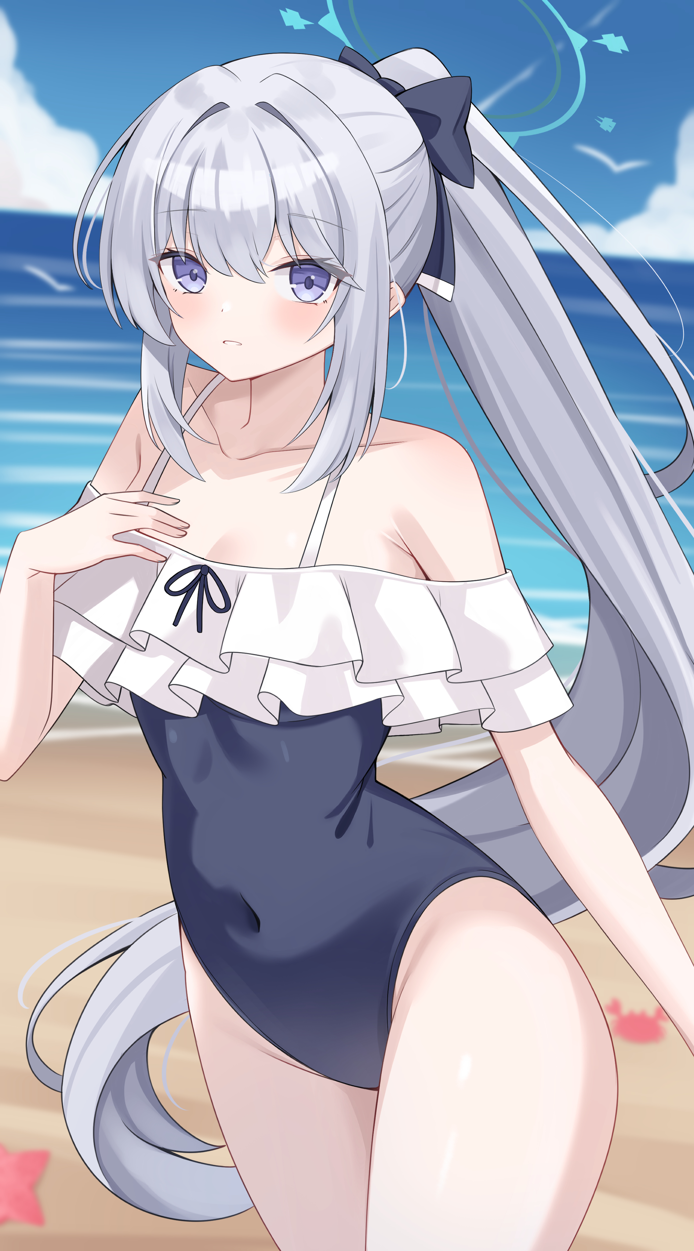 gosong, miyako (blue archive), miyako (swimsuit) (blue archive), blue archive, absurdres, highres, 1girl, beach, blue halo, blue one-piece swimsuit, casual one-piece swimsuit, covered navel, frilled one-piece swimsuit, frills, grey hair, halo, horizon, long hair, ocean, off-shoulder one-piece swimsuit, off shoulder, official alternate costume, one-piece swimsuit, ponytail, purple eyes, solo, swimsuit, two-tone one-piece swimsuit