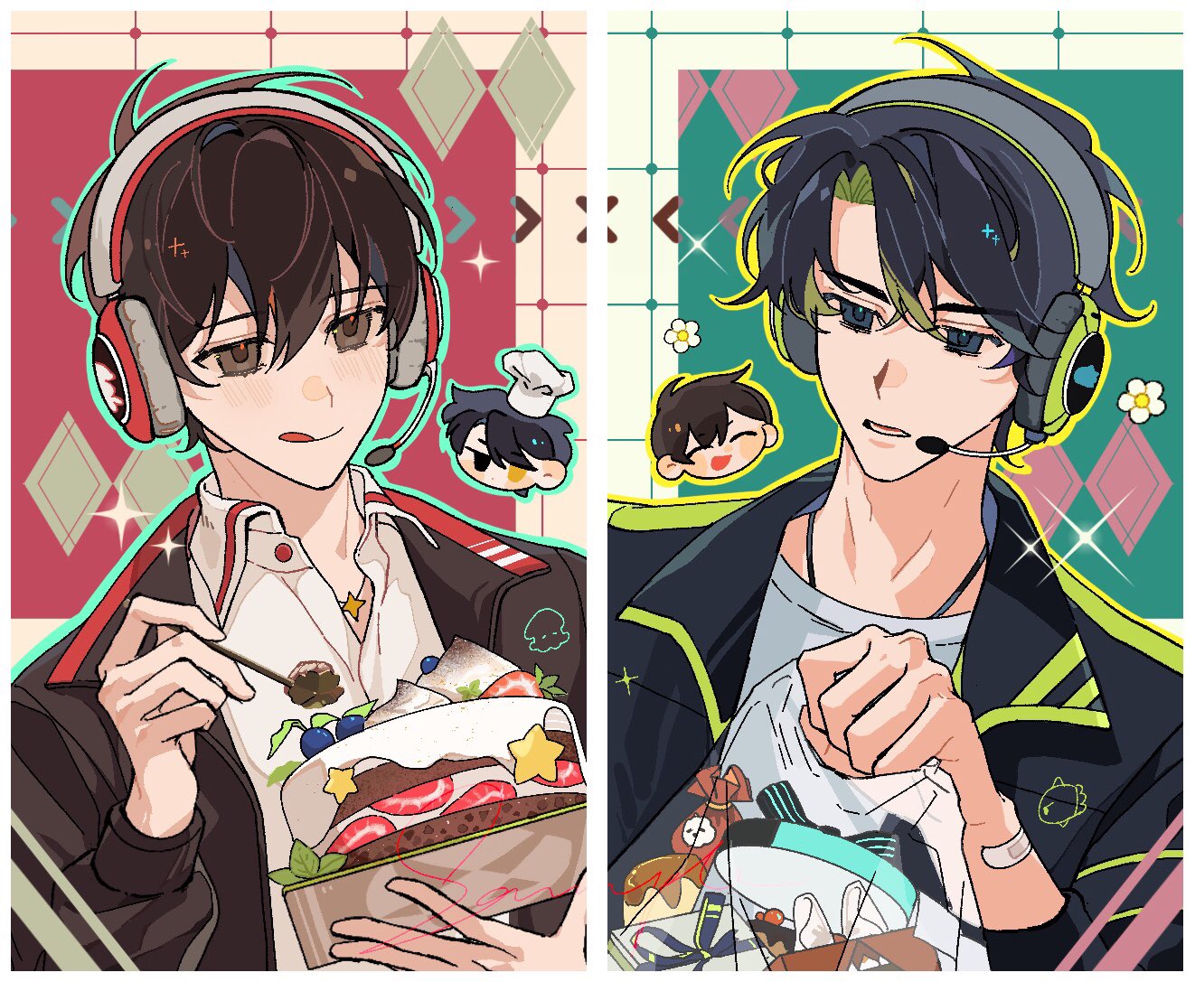 kim dokja, yoo joonghyuk, omniscient reader's viewpoint, 2boys, bag, bandaid on wrist, black eyes, black hair, black jacket, blue outline, cake, chibi, chibi inset, collared shirt, eating, food, green outline, hair between eyes, headphones, headset, holding, holding bag, jacket, male focus, multiple boys, open mouth, outline, shirt, short hair, strawberry cake, striped clothes, striped jacket, talking, tongue, tongue out, twle, upper body, white shirt