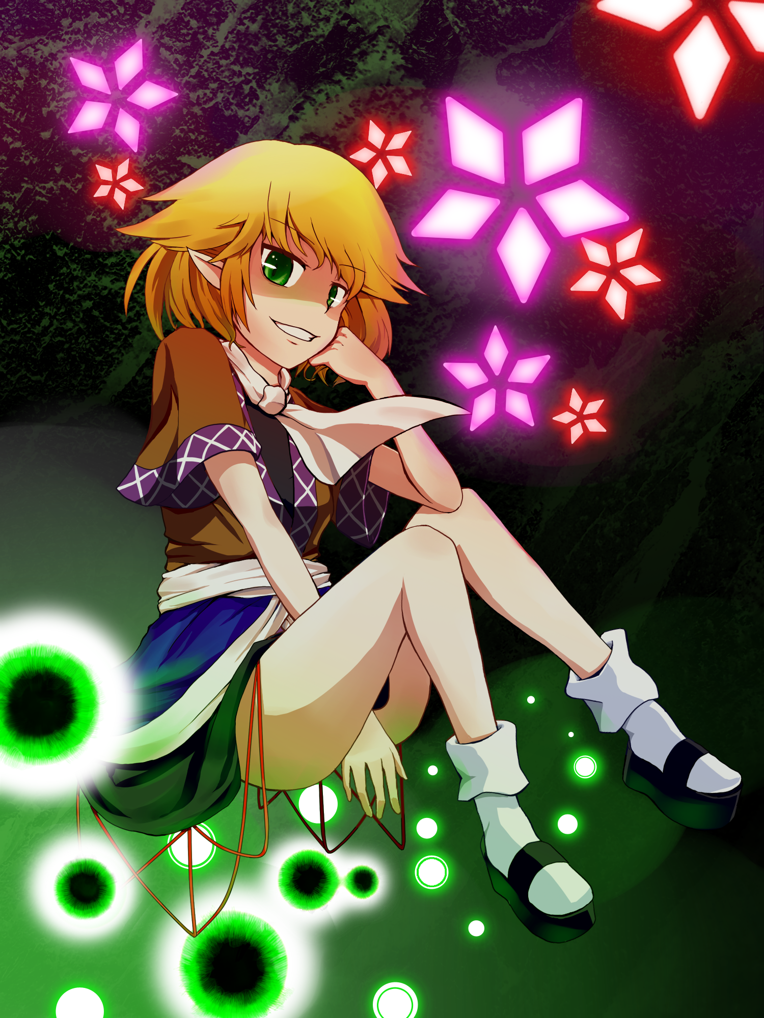 kari (karinimooreha), mizuhashi parsee, touhou, highres, 1girl, blonde hair, danmaku, female focus, full body, green eyes, pointy ears, short hair, sitting, solo