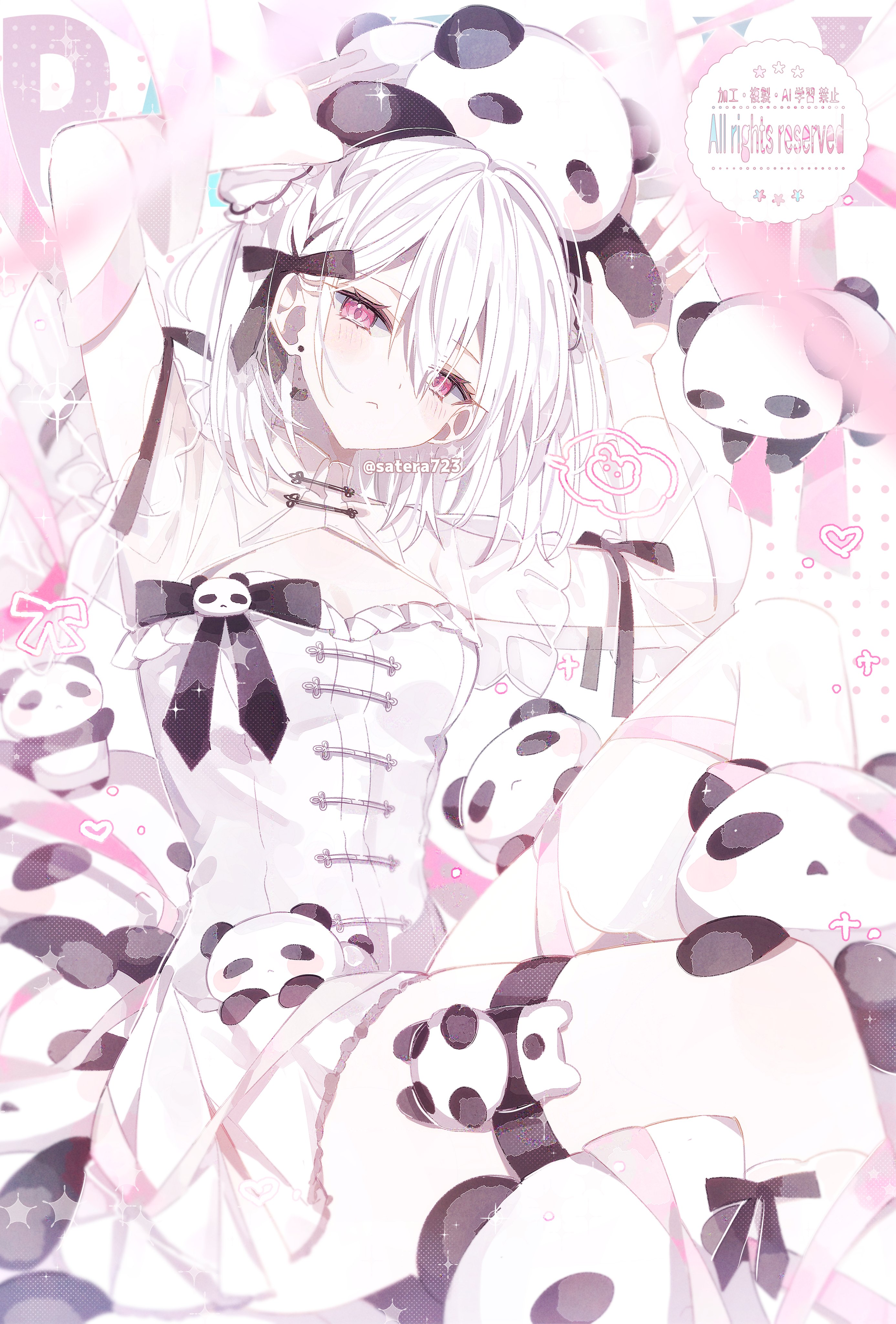 yakinikusakoku, original, absurdres, highres, 1girl, arms up, black bow, blush, bow, breast cutout, breasts, closed mouth, dress, frilled dress, frills, looking at viewer, medium breasts, medium hair, panda, pink eyes, pink ribbon, ribbon, see-through clothes, see-through sleeves, swept bangs, thigh strap, white dress, white hair