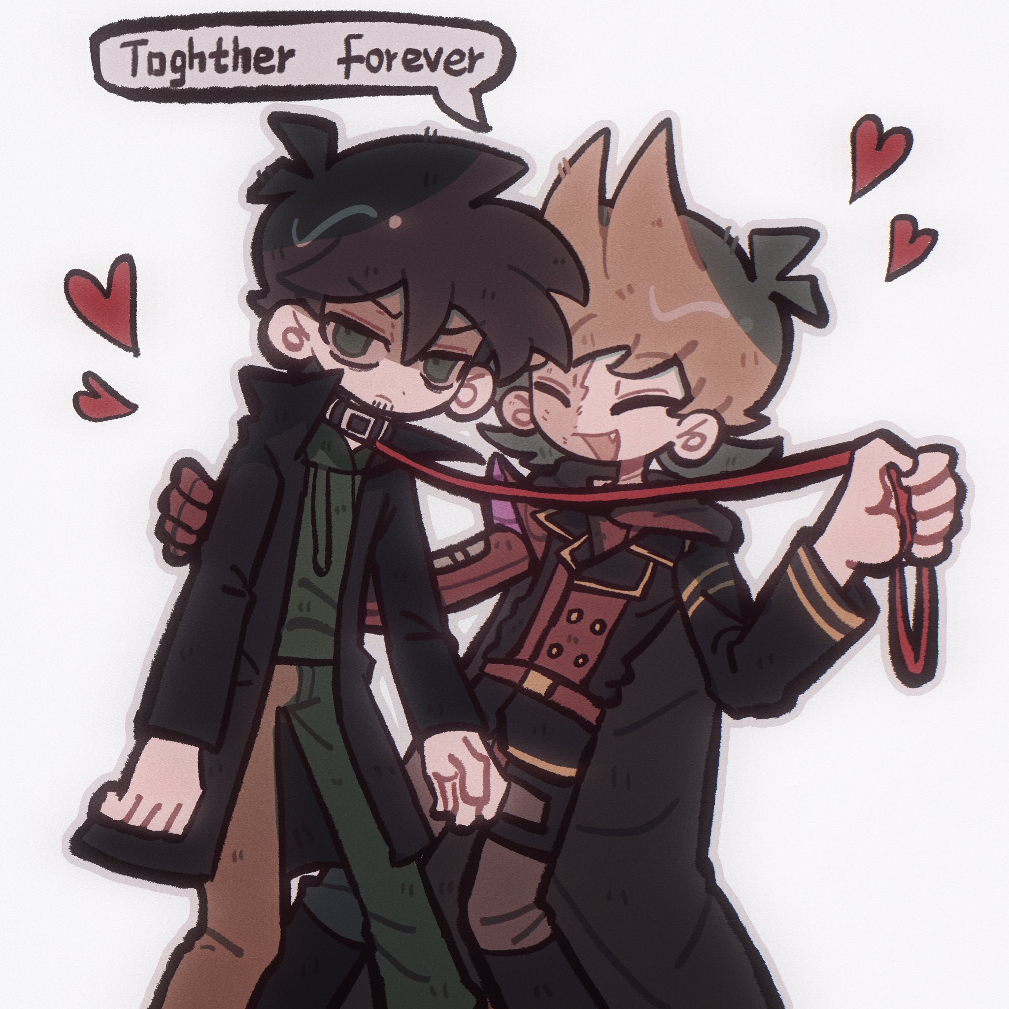 edd (eddsworld), eddsworld, hashtag-only commentary, highres, 2boys, ^ ^, animification, black coat, closed eyes, coat, collar, english text, fang, future edd (eddsworld), future tord (eddsworld), green eyes, green hoodie, hair ears, heart, holding, holding leash, hood, hoodie, immuir, jitome, leash, looking at viewer, male focus, mechanical arms, multiple boys, scar, scar on face, short hair, simple background, single mechanical arm, speech bubble, the beginning and the friend, tord (eddsworld), trench coat, white background, yaoi