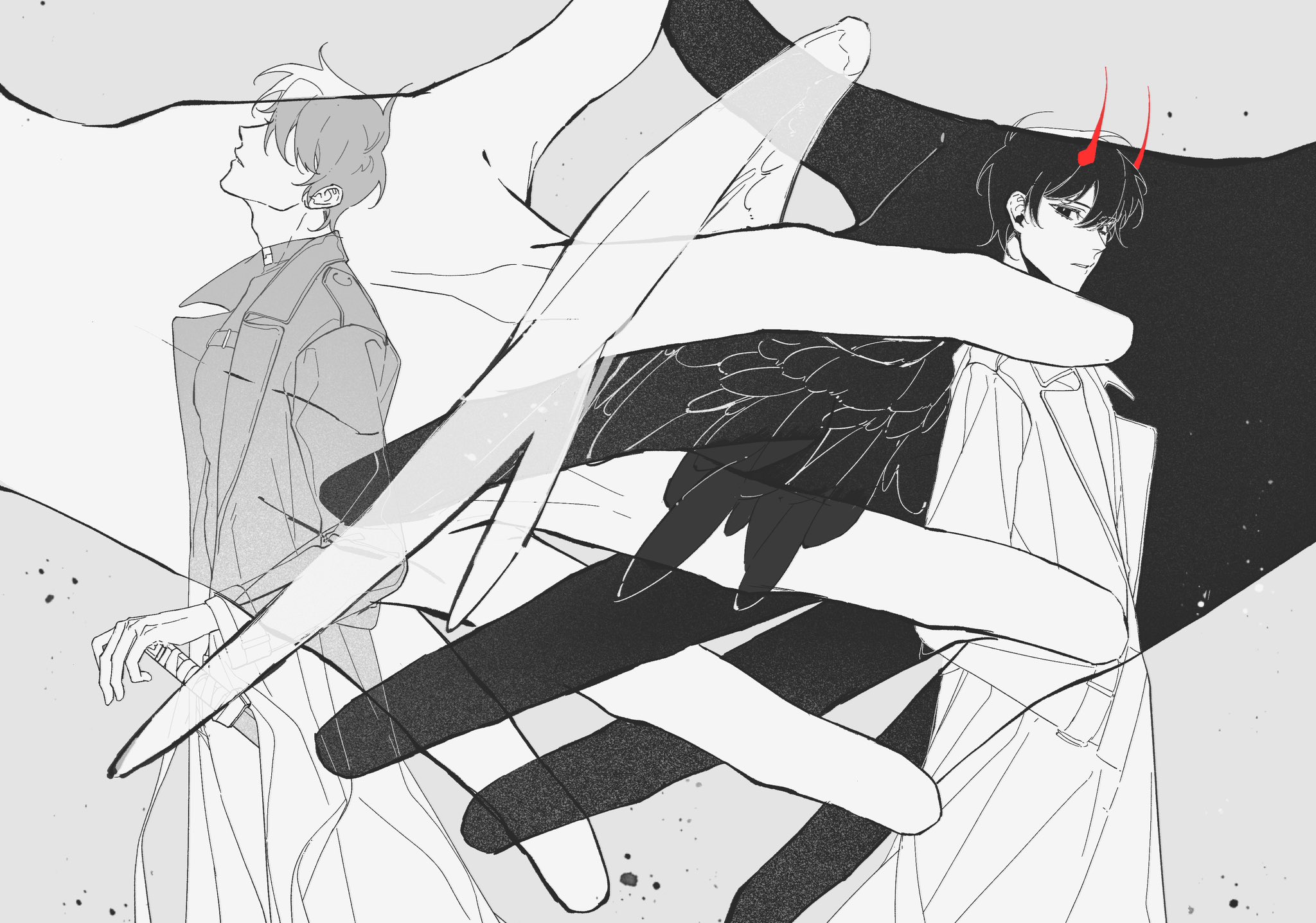 kim dokja, yoo joonghyuk, omniscient reader's viewpoint, highres, 2boys, 2others, black coat, black hair, black wings, coat, cowboy shot, demon horns, feathered wings, hand on sheath, hands in pockets, horns, interlocked fingers, looking at viewer, male focus, mini person, miniboy, multiple boys, multiple others, open clothes, open coat, popped collar, short hair, spot color, twle, two-tone wings, white coat, white wings, wings