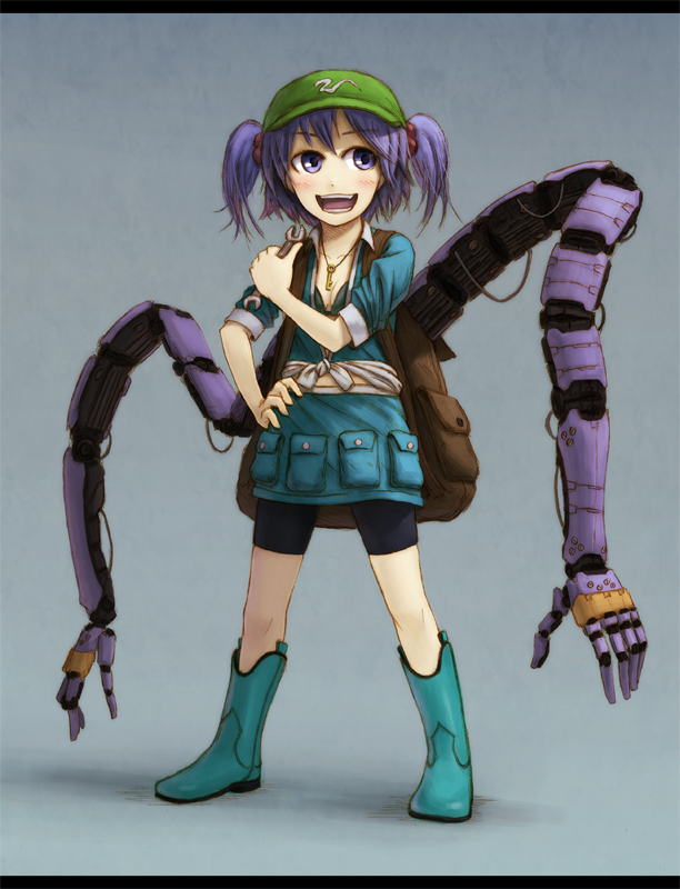 kurione (pixiv), kurione (zassou), kawashiro nitori, touhou, bad id, bad pixiv id, 1girl, alternate costume, backpack, bag, blue eyes, blue hair, boots, contemporary, extra arms, female focus, hair bobbles, hair ornament, hat, key, matching hair/eyes, midriff, randoseru, short hair, sleeves rolled up, solo, twintails, two side up, wrench