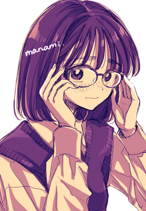 sugano manami, original, commentary request, 1girl, artist name, bob cut, closed mouth, freckles, glasses, hands up, long sleeves, looking at viewer, monochrome, school uniform, shirt, short hair, signature, simple background, sketch, solo, sweater vest, upper body, wavy mouth, white background