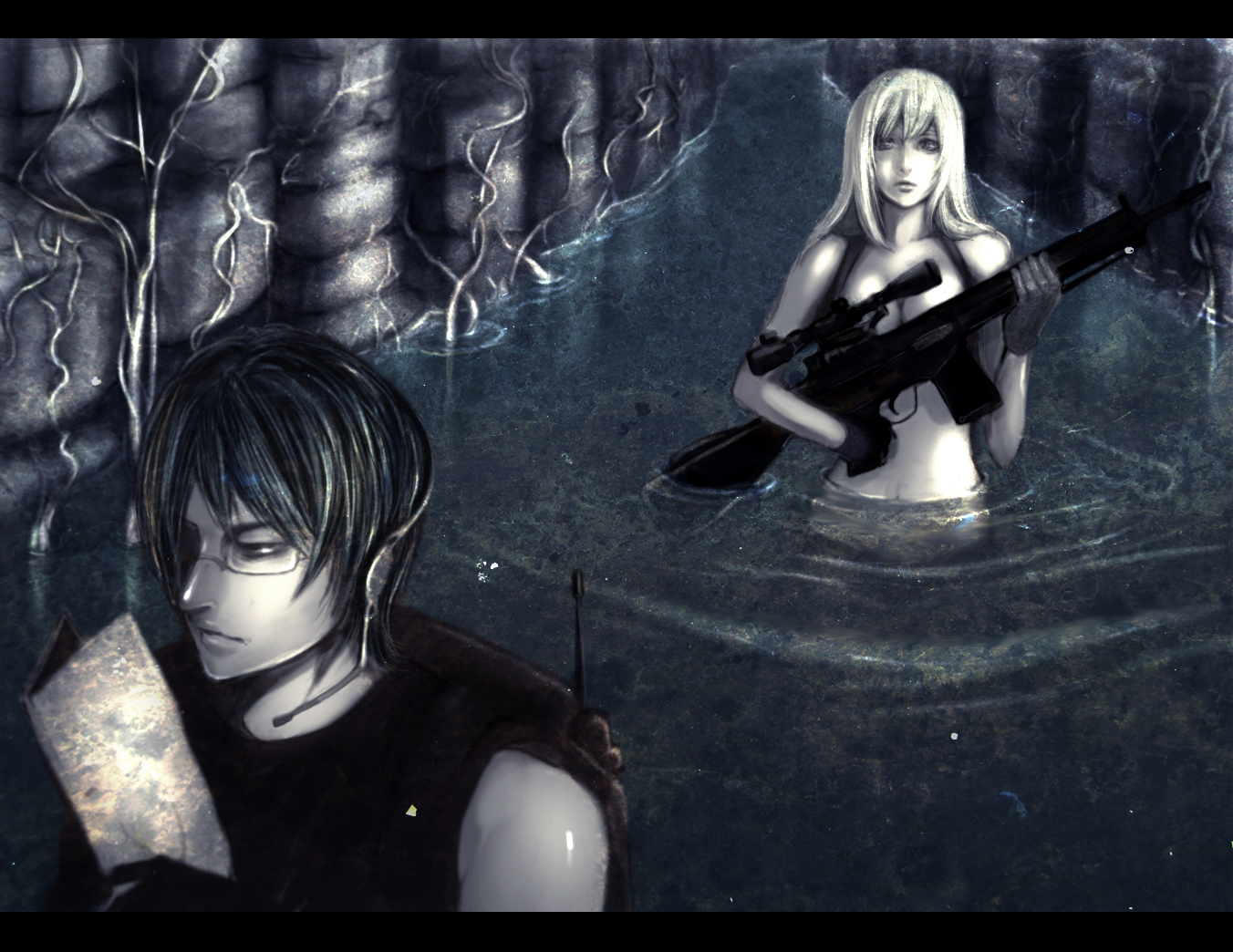 nicole pmonachi, pixiv army, bad id, bad pixiv id, 1boy, 1girl, black hair, breasts, cleavage, field radio, glasses, groin, gun, headset, letterboxed, navel, reading, realistic, rifle, ripples, scope, sleeveless, wading, water, weapon, white hair