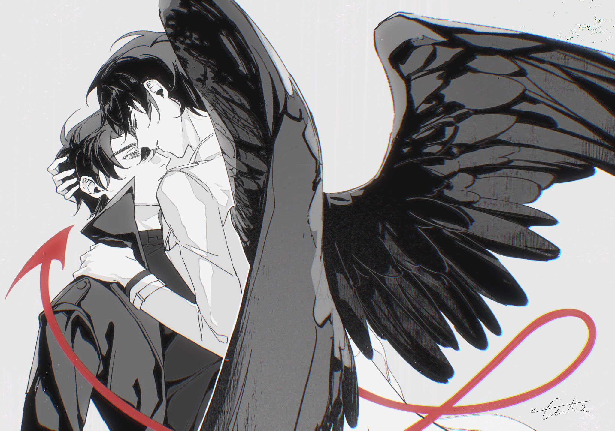 kim dokja, yoo joonghyuk, omniscient reader's viewpoint, highres, 2boys, black coat, black eyes, black hair, black shirt, black wings, coat, demon tail, feathered wings, forehead-to-forehead, hand on another's head, hand on another's shoulder, heads together, hug, looking at another, male focus, multiple boys, open clothes, open coat, popped collar, shirt, short hair, tail, twle, white coat, wings