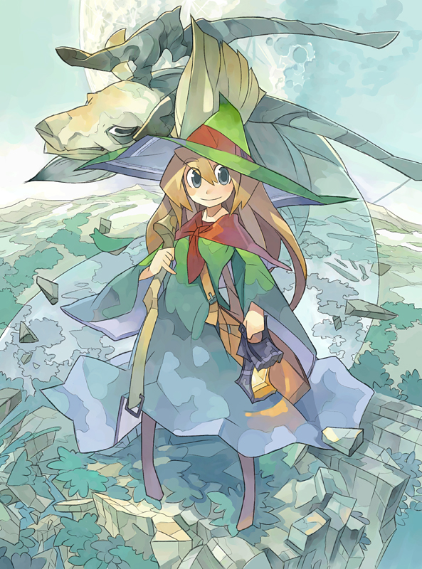 akitsu taira, original, broom, fantasy, hat, landscape, lantern, solo, witch hat