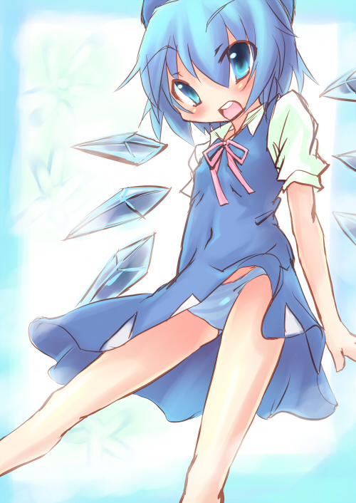 hizuki reiya, cirno, embodiment of scarlet devil, touhou, bad id, bad pixiv id, 1girl, blue eyes, blue hair, bow, dress, female focus, happy, looking at viewer, matching hair/eyes, panties, ribbon, short hair, solo, underwear, wings
