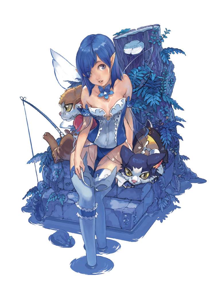 toro (konirio), siren (mabinogi), mabinogi, 1girl, bare shoulders, blue hair, blue theme, breasts, breasts apart, cat, corset, fairy wings, female focus, fishing rod, hair over one eye, leaf, lips, narrow waist, pointy ears, sitting, soaking feet, solo, thighhighs, tree stump, water, wide hips, wings