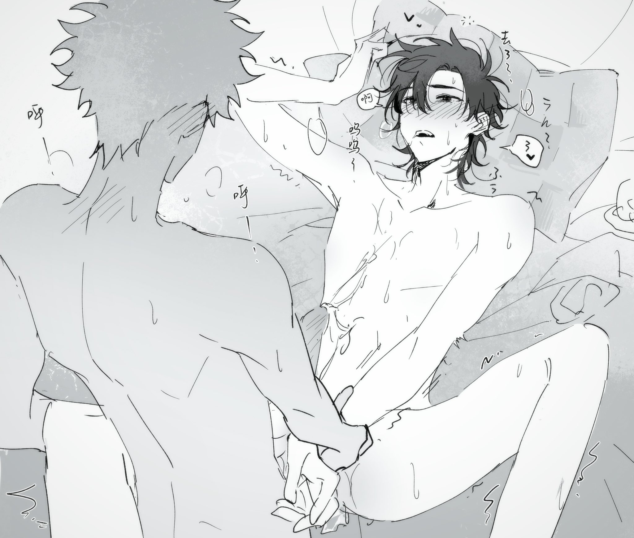 kouhai99153, cheng xiaoshi, lu guang, shiguang dailiren, highres, 2boys, aftersex, anal, antenna hair, bed sheet, blush, chinese text, completely nude, condom, cum, cum in ass, cum on ass, cum on body, cum on male, cum on self, cum on stomach, ejaculation, erection, greyscale, heart, holding another's wrist, holding hands, looking at another, lying, male focus, male penetrated, missionary, monochrome, multiple boys, nude, on back, on bed, open mouth, penis, pillow, pillow grab, saliva, sex, spoken heart, spread legs, sweat, tissue box, trembling, used tissue, yaoi