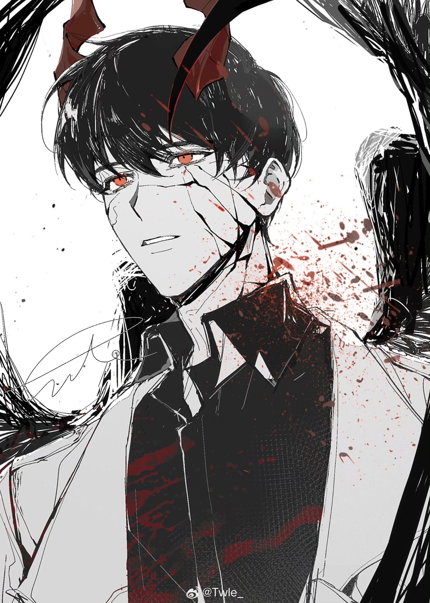 kim dokja, omniscient reader's viewpoint, highres, 1boy, bags under eyes, black hair, black shirt, black wings, blood, blood splatter, broken skin, coat, collared shirt, demon horns, feathered wings, horns, male focus, official alternate costume, open clothes, open coat, parted lips, red eyes, shirt, short hair, solo, twle, upper body, white coat, wings