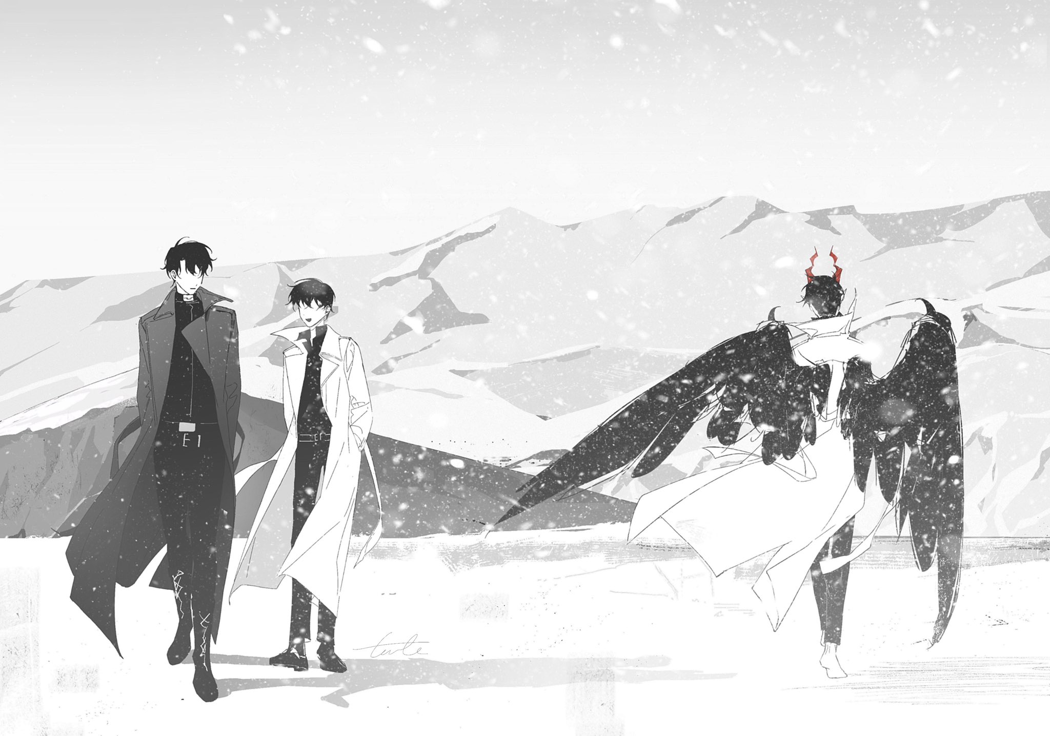 kim dokja, yoo joonghyuk, omniscient reader's viewpoint, highres, 3boys, barefoot, belt, black hair, black shirt, black wings, boots, coat, collared shirt, demon horns, dual persona, feathered wings, full body, grey sky, head tilt, horns, male focus, mountainous horizon, multiple boys, no eyes, official alternate costume, open clothes, open coat, popped collar, shirt, short hair, sky, snow, snowing, twle, walking, white coat, wind, wings