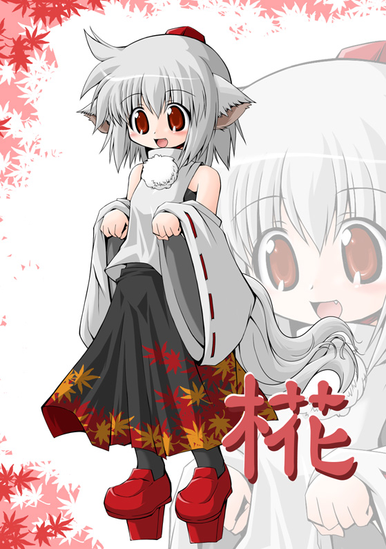 nisu, inubashiri momiji, touhou, silver hair, 1girl, animal ears, character name, female focus, geta, hat, red eyes, short hair, solo, tail, tengu-geta, tokin hat, wolf ears, wolf tail