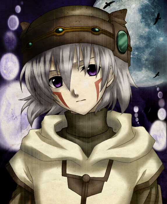 irino, tsukasa (.hack//), .hack//, .hack//games, .hack//sign, bandai, cyber connect 2, silver hair, third-party edit, 00s, 1boy, androgynous, bird, bug, butterfly, full moon, goth fashion, hat, head tilt, insect, male focus, moon, orb, purple eyes, solo, turtleneck