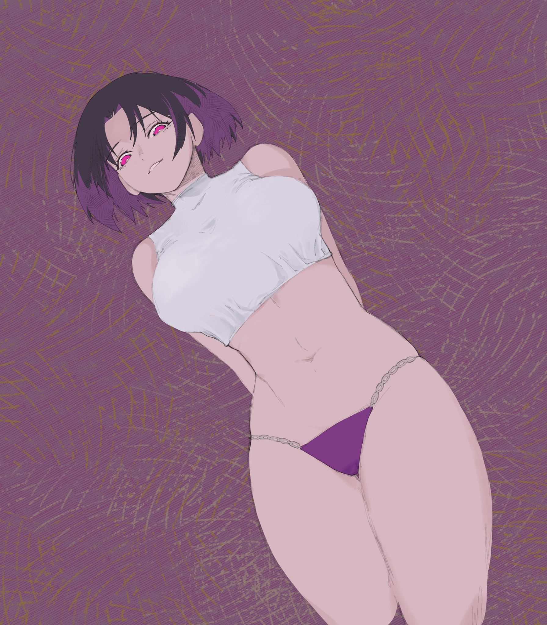 ezo yakumo, mato seihei no slave, 1girl, breasts, large breasts, navel, purple hair, solo