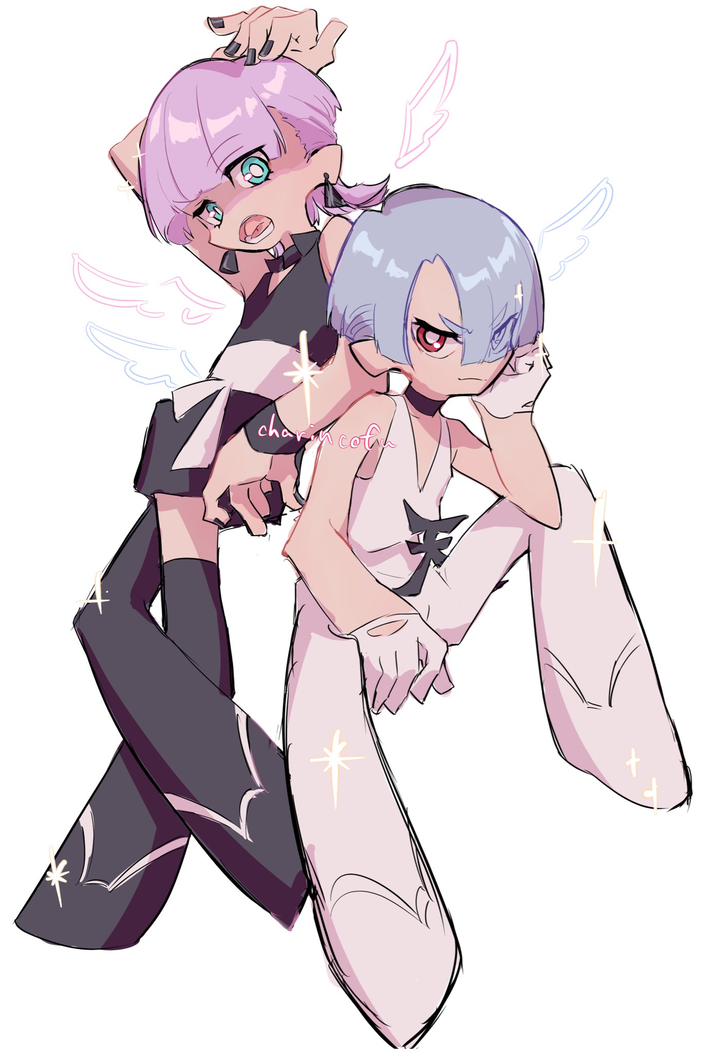 charincofu 04, polyester (psg), polyurethane (psg), panty & stocking with garterbelt, highres, 2boys, black nails, blue eyes, blunt bangs, choker, closed mouth, earrings, full body, gloves, jewelry, male focus, multiple boys, one eye covered, open mouth, pink hair, purple hair, red eyes, short hair, sleeveless, white background