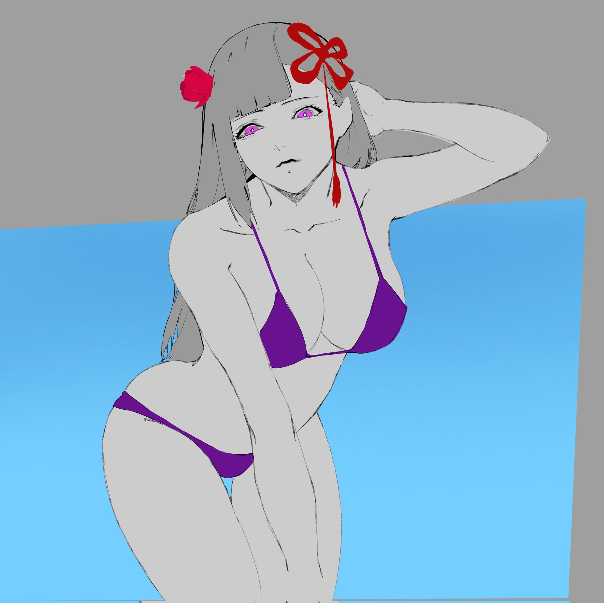 yamashiro ren, mato seihei no slave, 1girl, bikini, breasts, cleavage, collarbone, large breasts, long hair, purple eyes, solo, swimsuit