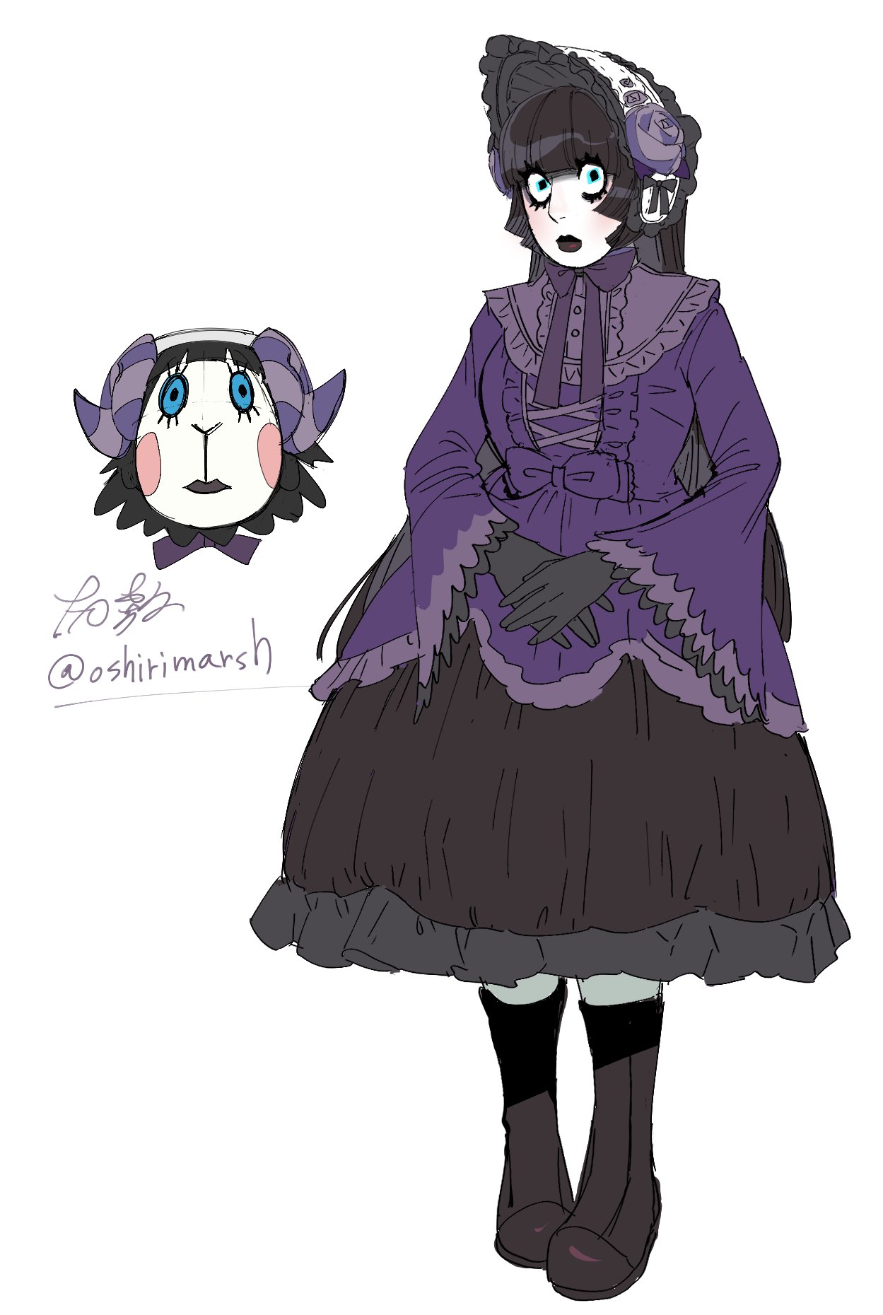 dancho no mori, muffy (animal crossing), animal crossing, nintendo, 1girl, black hair, black lips, blue eyes, blunt bangs, blush, bonnet, boots, bow, bowtie, dress, full body, gloves, gothic lolita, lipstick, lolita fashion, looking at viewer, makeup, personification, purple hair, solo, white background, wide-eyed