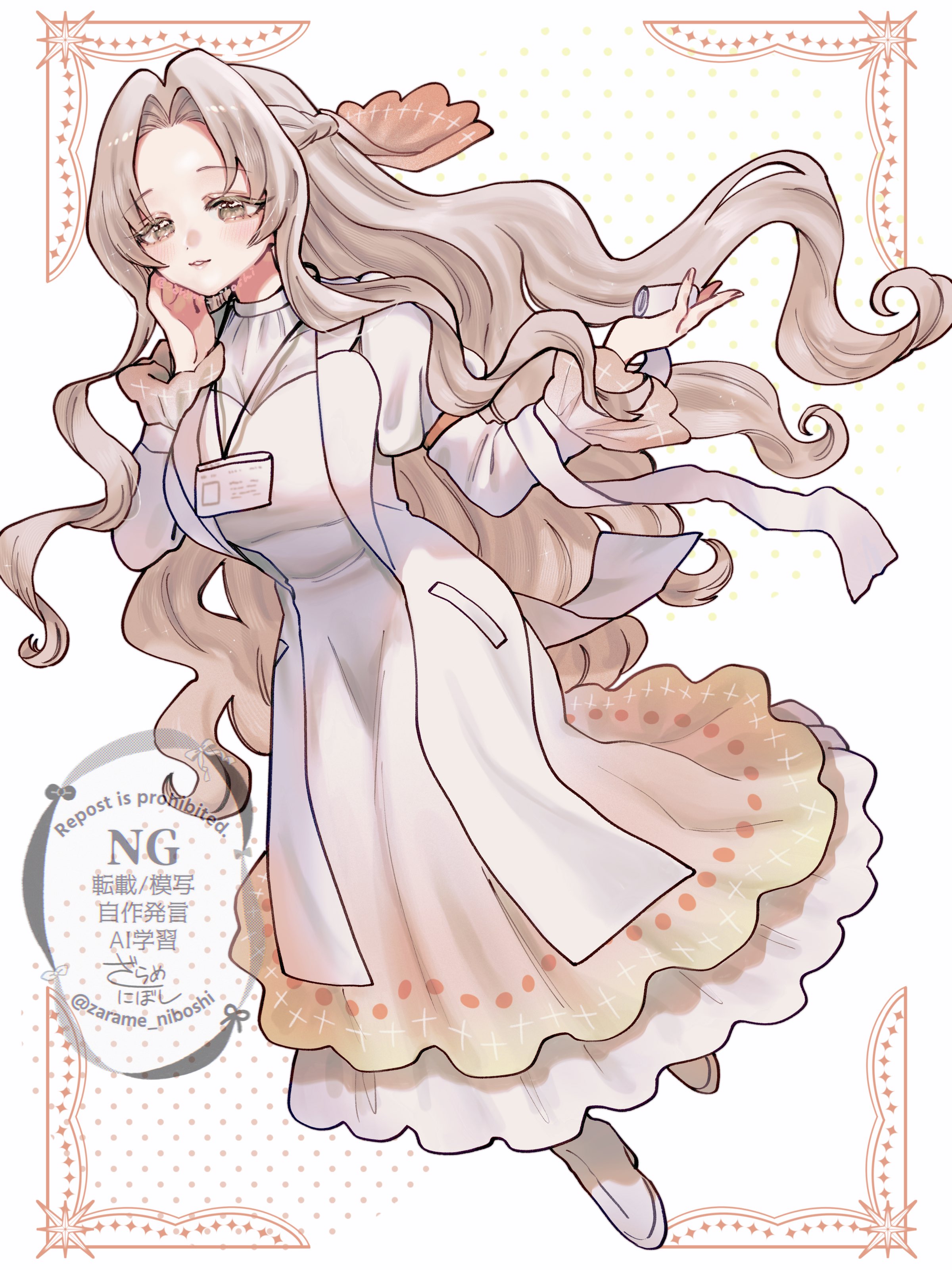 zarame niboshi, jiai chiyu, kimi no koto ga dai dai dai dai daisuki na 100-nin no kanojo, absurdres, commentary, highres, 1girl, boots, braid, brown eyes, curtained hair, dress, forehead, full body, grey hair, half up braid, hand on own cheek, hand on own face, lab coat, lanyard, long hair, long sleeves, looking at viewer, simple background, solo, veil, very long hair, watermark, wavy hair, white background, white boots, white dress