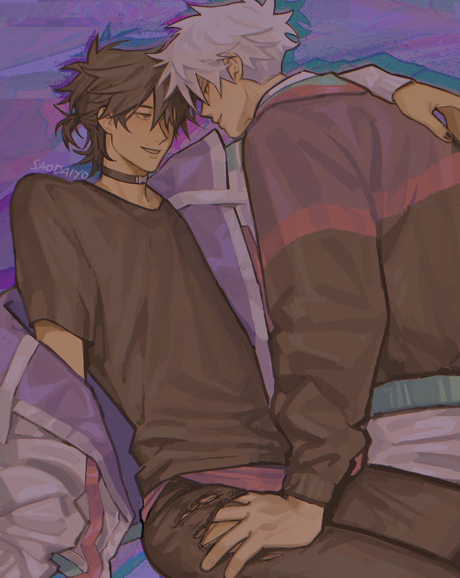 cheng xiaoshi, lu guang, shiguang dailiren, hashtag-only commentary, highres, 2boys, alternate costume, artist name, black choker, black eyes, black hair, black jacket, black nails, black pants, black shirt, choker, hair between eyes, hand on another's shoulder, hand on another's thigh, hand under clothes, jacket, jacket partially removed, long sleeves, looking at another, male focus, multicolored jacket, multiple boys, nail polish, off shoulder, open clothes, open jacket, open mouth, pants, parted lips, ponytail, purple jacket, shirt, short hair, short ponytail, short sleeves, sitting, smile, torn clothes, torn pants, twitter username, white hair, white jacket, xiiverio, yaoi