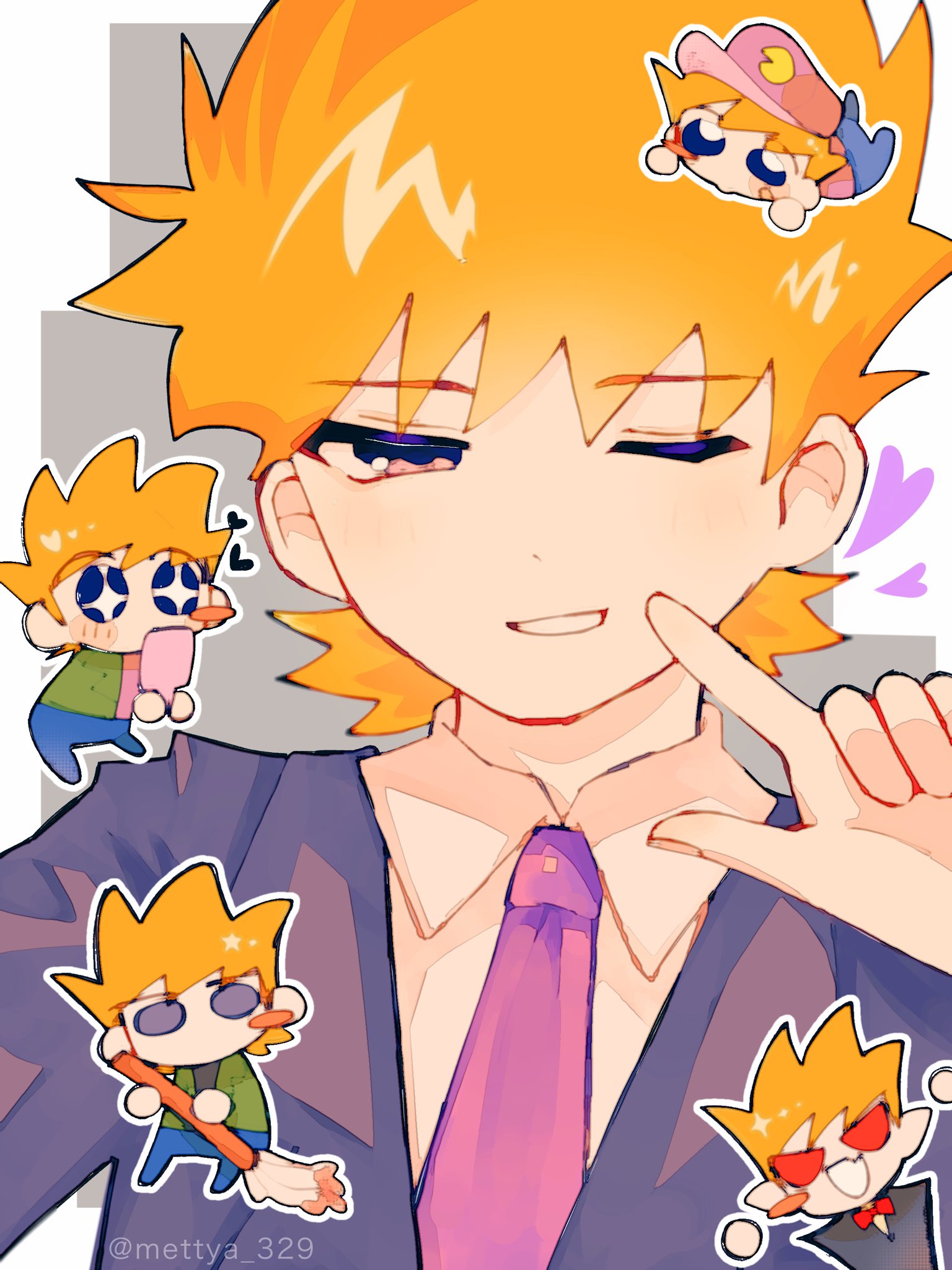 matt (eddsworld), eddsworld, commentary request, highres, 1boy, alternate costume, animification, black jacket, blush stickers, chibi, chibi inset, formal clothes, hat, heart, holding, holding mirror, holding mop, jacket, looking at viewer, male focus, mettya 329, mirror, mop, multiple persona, necktie, official alternate costume, one eye closed, orange hair, purple eyes, purple necktie, shirt, single blush sticker, smile, solo focus, sparkling eyes, suit, upper body, vampire, white shirt