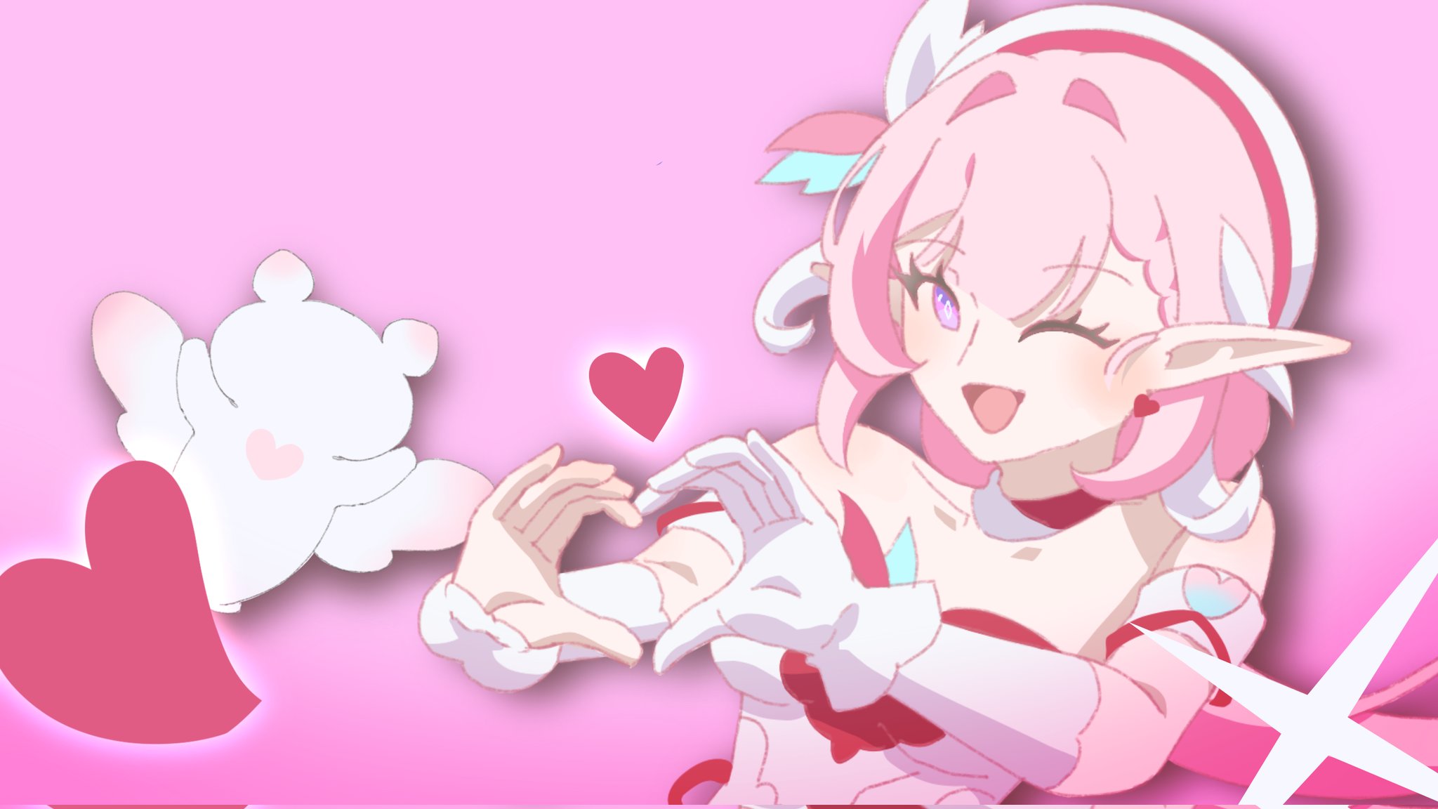 elysia (hi love elf) (honkai impact), elysia (honkai impact), honkai (series), honkai impact 3rd, commentary request, corrupted twitter file, highres, 1girl, ;o, beret, breasts, diamond-shaped pupils, diamond (shape), dress, earrings, elf, hat, heart, heart earrings, heart hands, jewelry, kj015, large breasts, little messenger (honkai impact), long hair, multicolored hair, one eye closed, pink hair, pointy ears, purple eyes, simple background, solo, symbol-shaped pupils, two-tone hair, upper body, very long hair, white dress, white hair