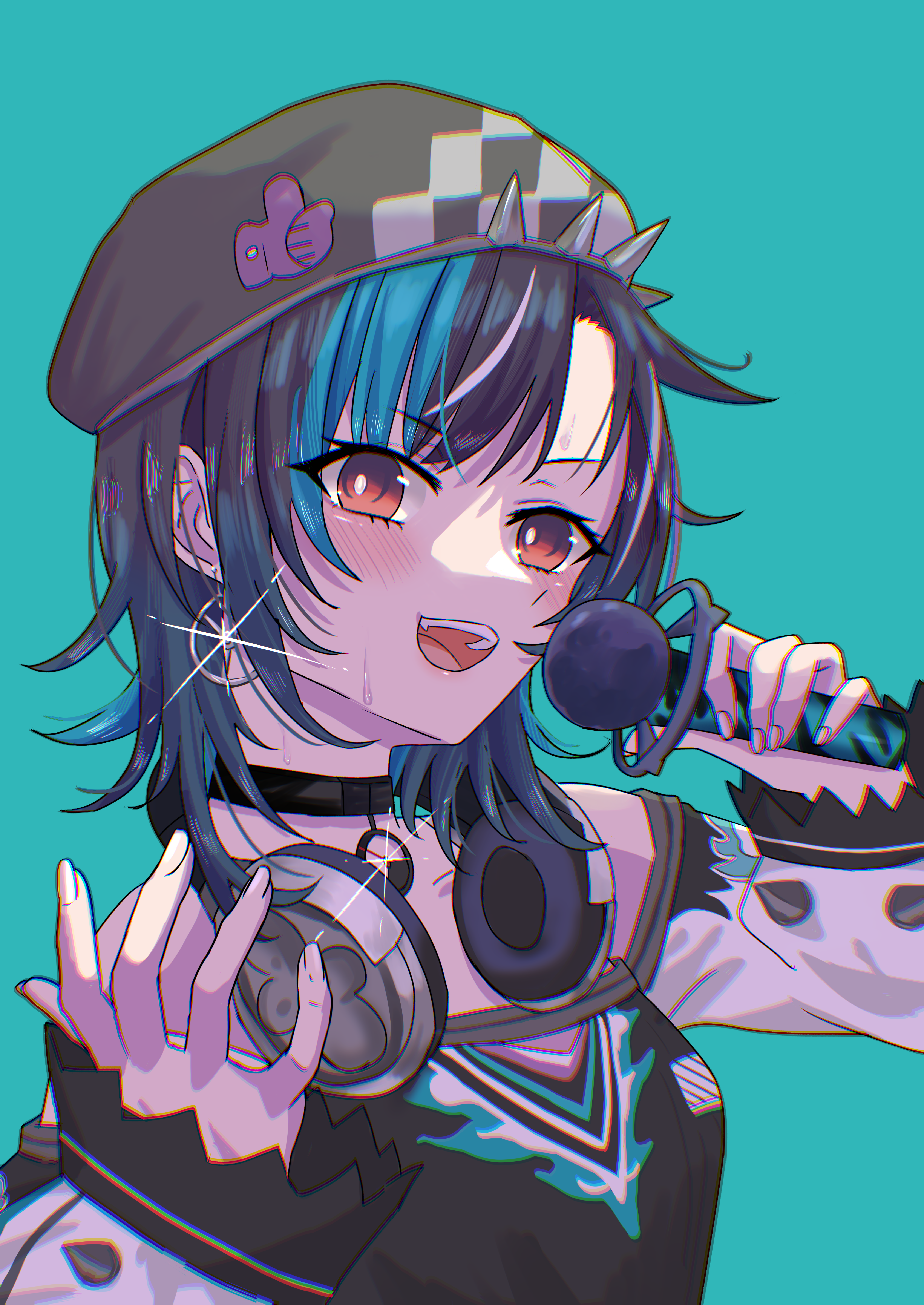 akina (user ucnd3578), rindo chihaya, hololive, hololive dev is, absurdres, highres, 1girl, aqua background, aqua hair, beret, black choker, black dress, black hair, black hat, choker, dress, hat, headphones, headphones around neck, holding, holding microphone, looking at viewer, medium hair, microphone, multicolored hair, open mouth, red eyes, rindo chihaya (1st costume), solo, streaked hair, virtual youtuber, white hair
