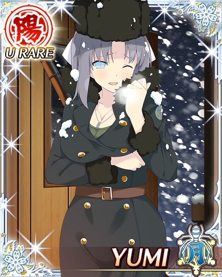 yumi (senran kagura), senran kagura, senran kagura new wave, senran kagura shinovi versus, non-web source, official art, resized, upscaled, weapon request, 1girl, arm under breasts, belt, belt buckle, black coat, blue eyes, blush, bow, breasts, breath, brown belt, buckle, buttons, card (medium), character name, cleavage, coat, collarbone, cowboy shot, dog tags, double-breasted, fur-trimmed coat, fur hat, fur trim, green shirt, grey hair, gun, hair bow, hat, large breasts, looking at viewer, one eye closed, open mouth, rifle, russian clothes, school emblem, shirt, short hair, snow, solo, sparkle, standing, striped bow, ushanka, weapon, white bow, wince, wooden wall