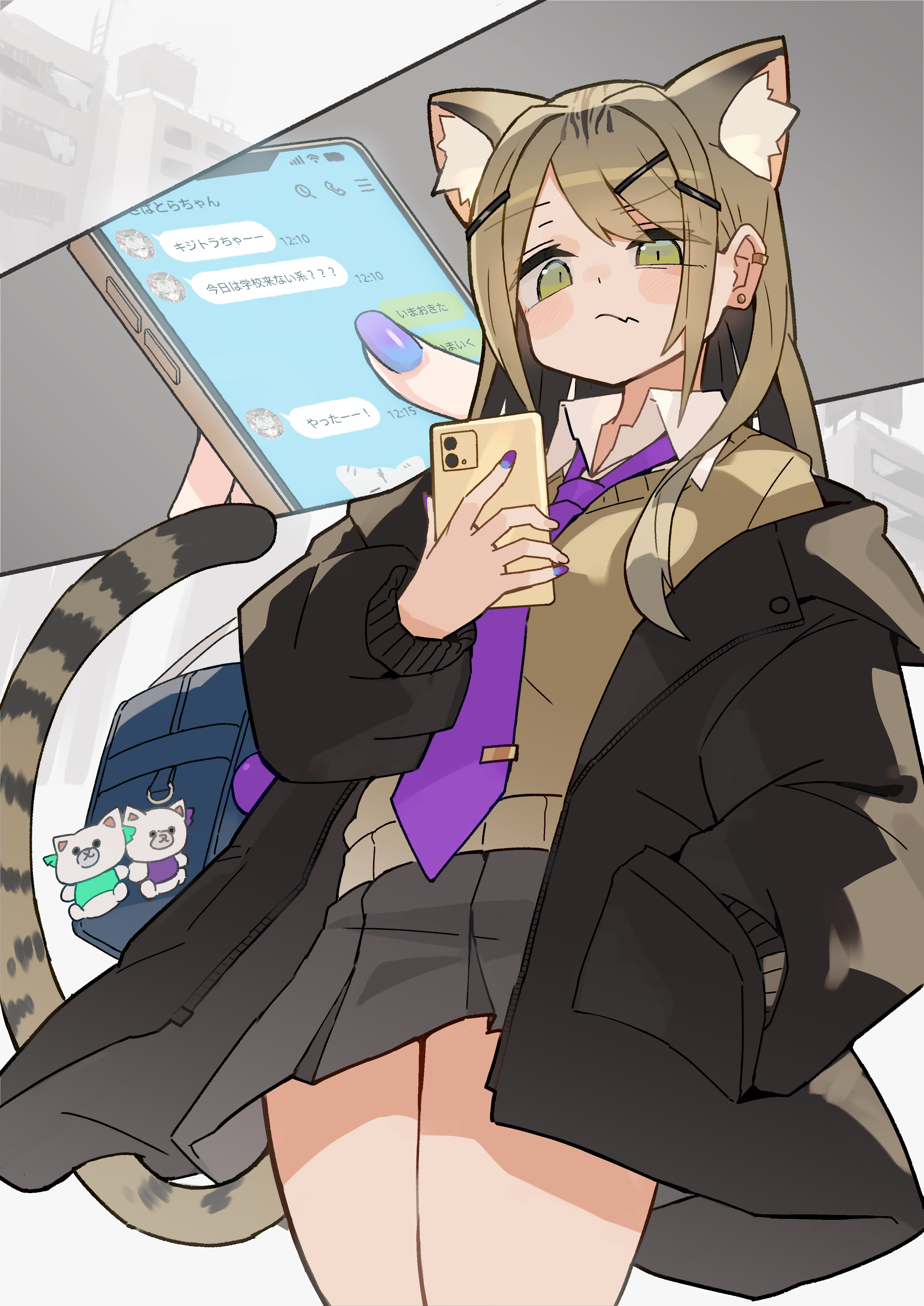 katsu (katsupainter), original, absurdres, commentary request, highres, translation request, 1girl, animal ear fluff, animal ears, bag, bag charm, black coat, black skirt, blue nails, blush stickers, brown hair, brown sweater, cat ears, cat girl, cat tail, charm (object), chat log, closed mouth, coat, cowboy shot, earrings, extra ears, fingernails, green eyes, hair ornament, hairclip, hand in pocket, jewelry, long fingernails, long hair, long sleeves, looking at phone, looking down, miniskirt, multiple views, nail polish, necktie, off shoulder, open clothes, open coat, phone, pleated skirt, purple necktie, school bag, school uniform, skirt, stud earrings, sweater, tail, wing collar