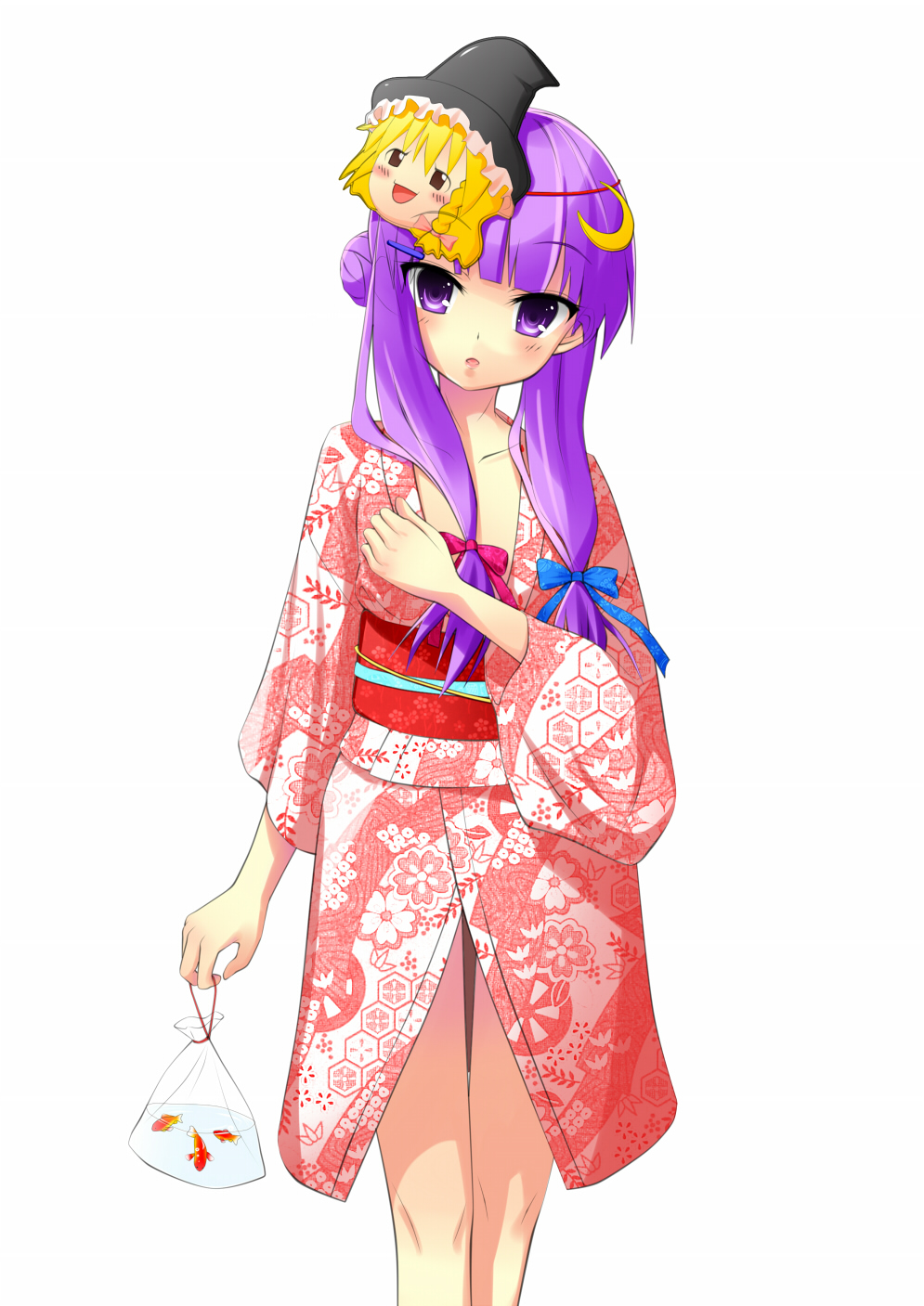 sarekoube, kirisame marisa, patchouli knowledge, touhou, bad id, bad pixiv id, highres, 1girl, bag, character mask, crescent, crescent hair ornament, female focus, fish, goldfish, hair bun, hair ornament, hexagon, honeycomb pattern, japanese clothes, kimono, long hair, mask, pink kimono, print kimono, purple eyes, purple hair, ribbon, single hair bun, solo, yukata, yukkuri shiteitte ne