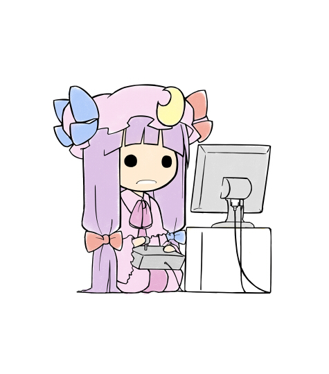nakashino setsu, patchouli knowledge, touhou, 1girl, chibi, computer, controller, crescent, female focus, game controller, hat, long hair, monitor, playing games, purple hair, ribbon, solo, video game