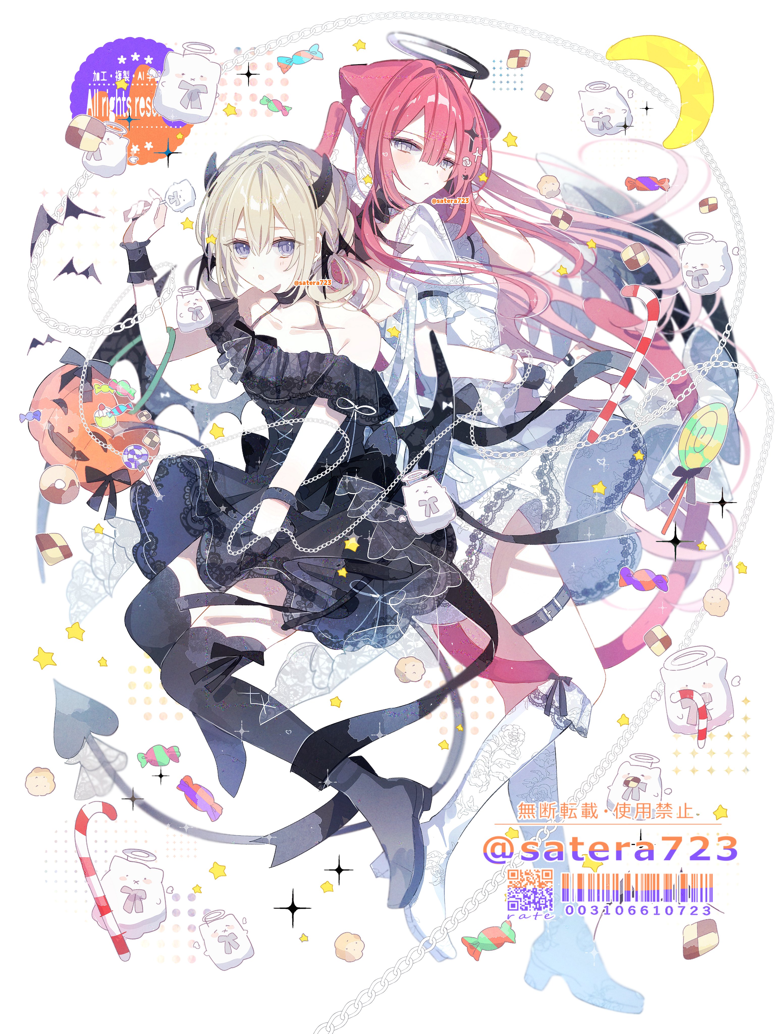 yakinikusakoku, original, absurdres, commentary request, highres, 2girls, animal ear fluff, animal ears, armband, bare shoulders, black dress, black halo, black ribbon, blonde hair, boots, braid, candy, candy cane, chain, collarbone, cookie, demon horns, demon tail, dress, floating, floating hair, food, frilled armband, frills, hair between eyes, halo, hand up, horns, jack-o'-lantern, knee boots, lace, lace-trimmed boots, lace trim, long hair, looking at viewer, multiple girls, off-shoulder dress, off shoulder, pink hair, ribbon, short sleeves, tail, thigh boots, thigh strap, white background, white dress, wrapped candy