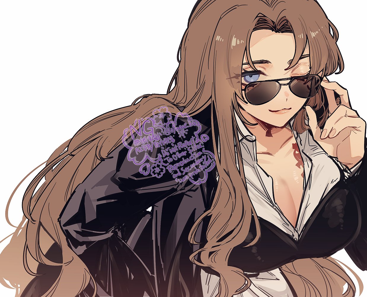 09wave hb, rodion (project moon), limbus company, project moon, commentary, symbol-only commentary, 1girl, black jacket, blue eyes, breasts, brown hair, cleavage, closed mouth, collarbone, eyelashes, jacket, large breasts, leaning forward, long hair, looking at viewer, one eye closed, shirt, simple background, smile, solo, sunglasses, watermark, white background, white shirt