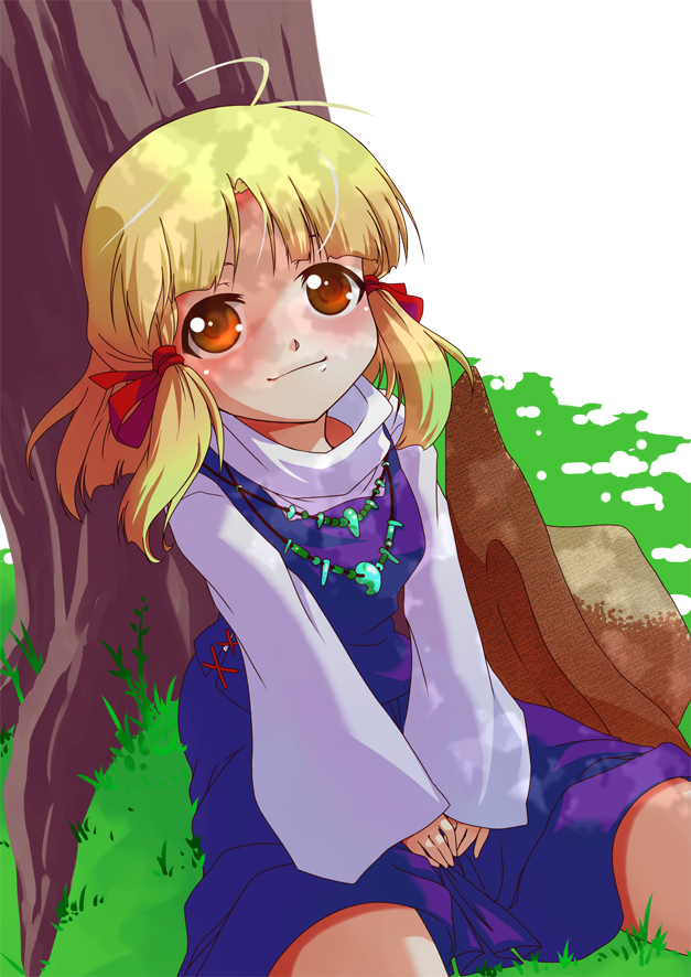 kazuha (ichiwa), moriya suwako, touhou, 1girl, blonde hair, female focus, nature, outdoors, short hair, sitting, solo, tree, yellow eyes