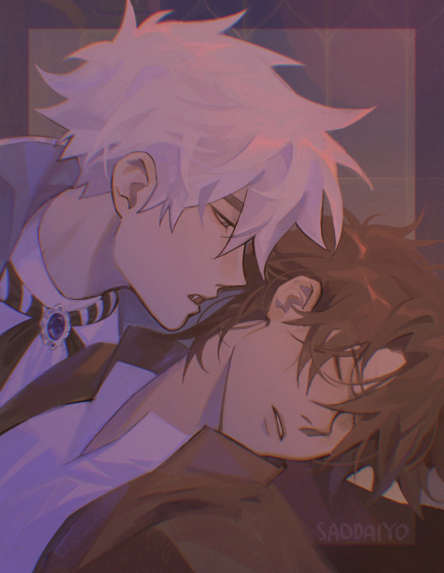 cheng xiaoshi, lu guang, shiguang dailiren, commentary, english commentary, highres, 2boys, alternate costume, artist name, ascot, black hair, black jacket, blue gemstone, border, brooch, brown hair, cape, closed eyes, collared shirt, fang, gem, grey cape, hair between eyes, jacket, jewelry, looking at another, lying, male focus, multiple boys, on back, open clothes, open mouth, parted lips, piercing, shirt, short hair, sleeping, teeth, twitter username, upper body, vampire, white ascot, white hair, white shirt, xiiverio, yaoi